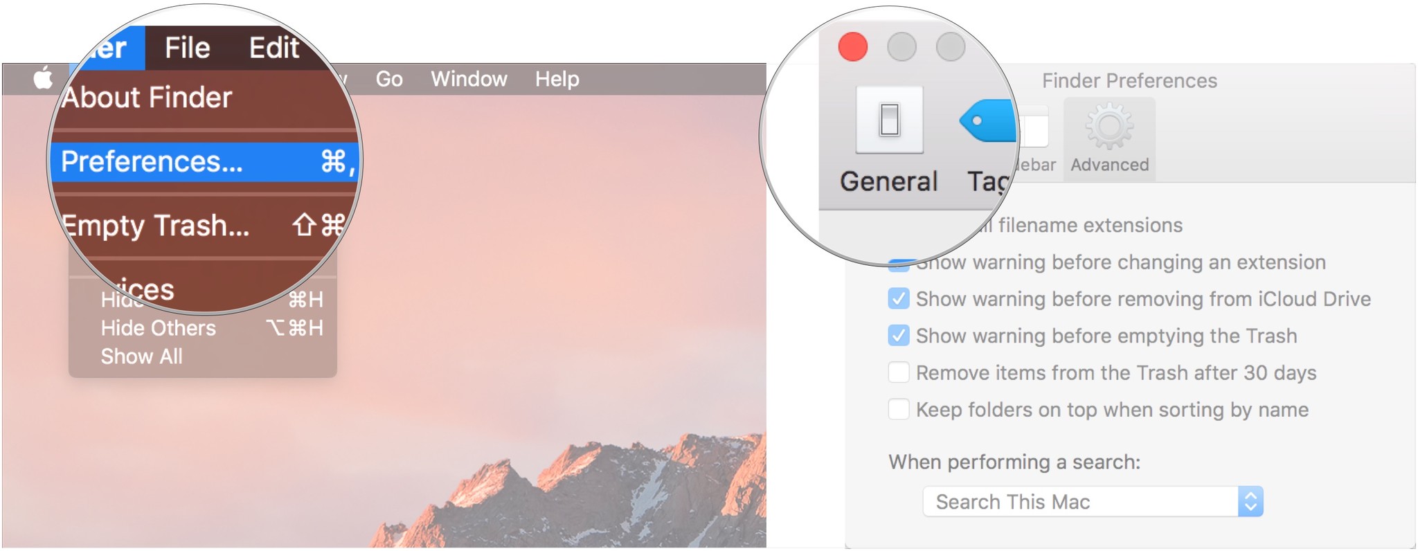 To set a new Finder window's default section, click on Finder and select Preferences, click General.