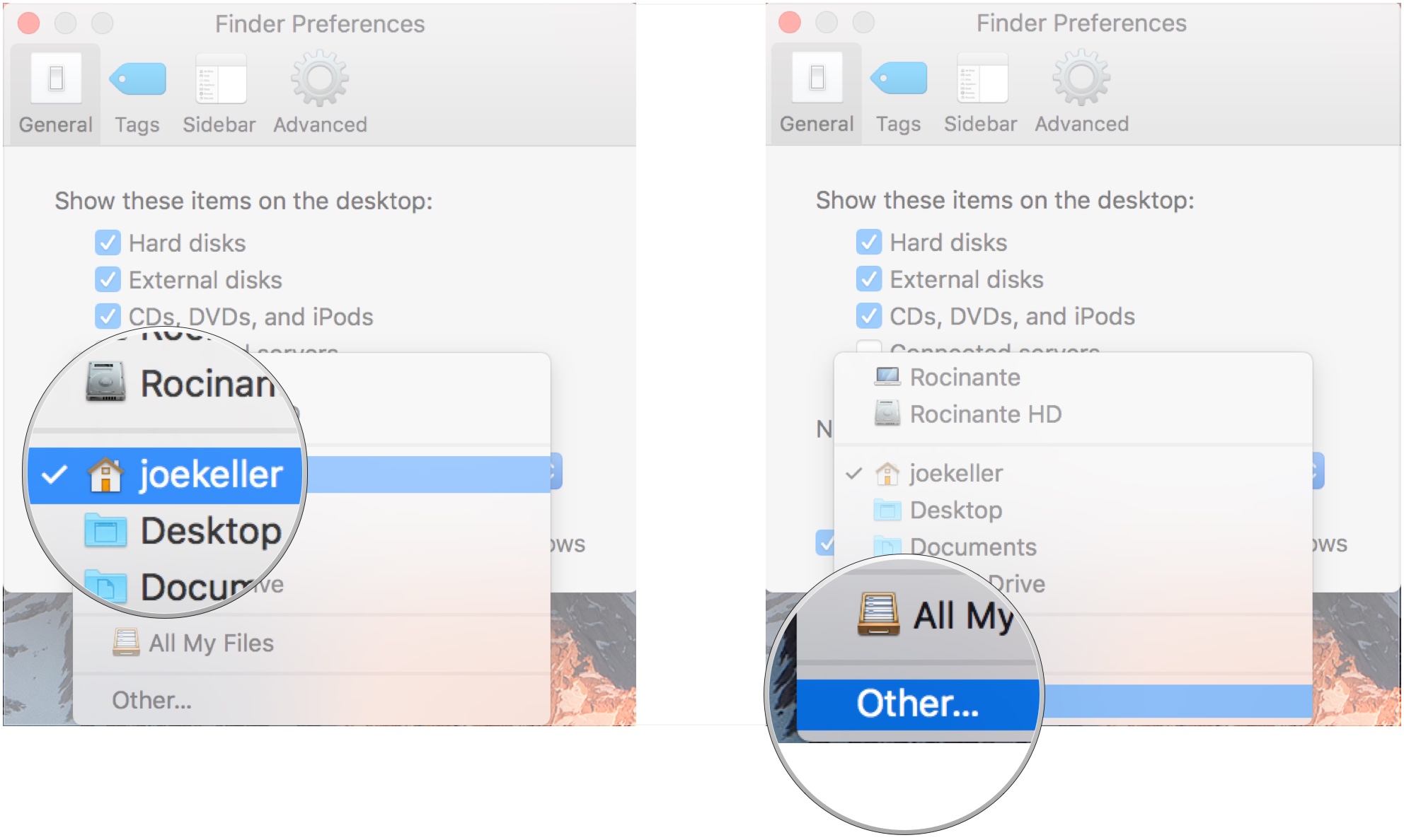 To set a new Finder window's default section, click on folder or storage device you want in the drop-down menu. Choose Other if you can't find your desired location.