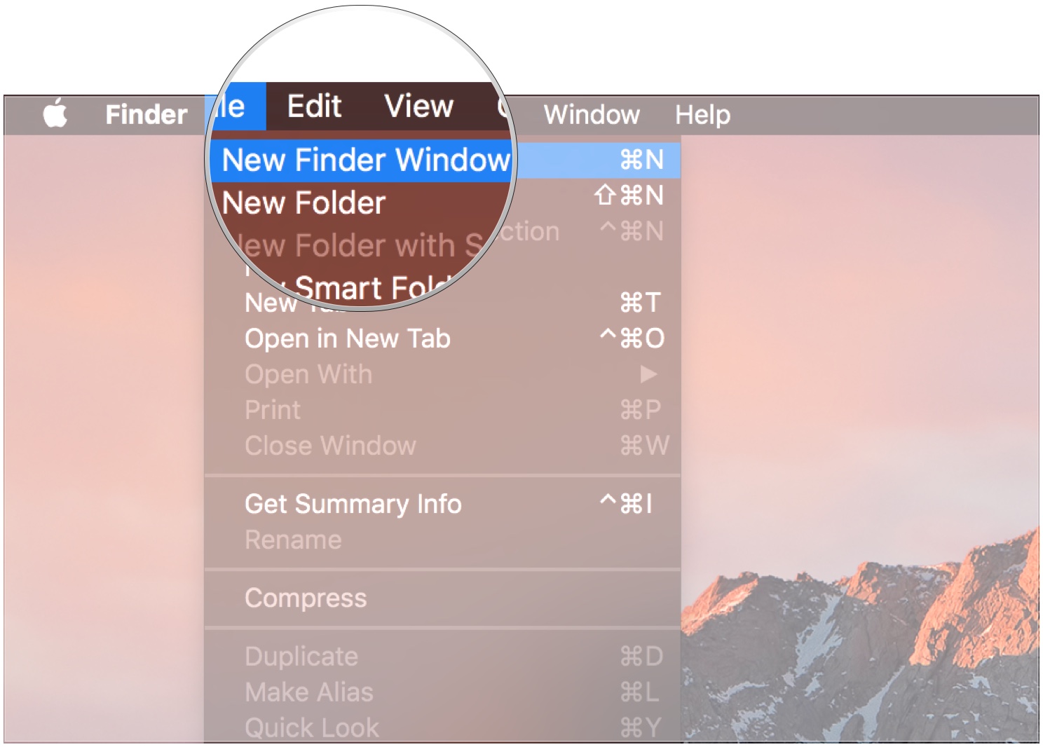 Чтобы открыть окно Finder, щелкните на рабочем столе, затем нажмите «Файл» и «Новое окно Finder».