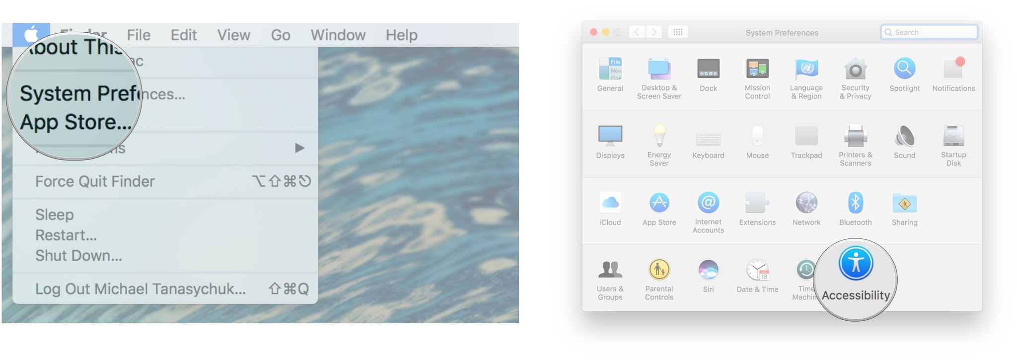 Нажмите кнопку меню Apple на своем Mac, затем выберите «Системные настройки», а затем «Универсальный доступ».