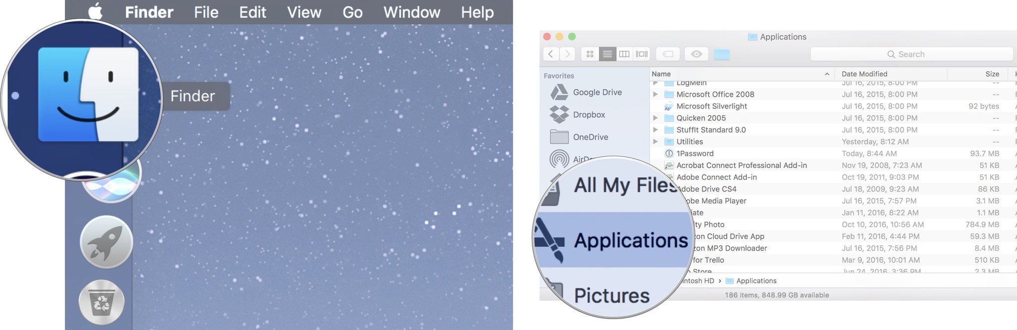 Migrate data from your old Mac to your new Mac showing how to open a Finder Window and click Applications in the sidebar