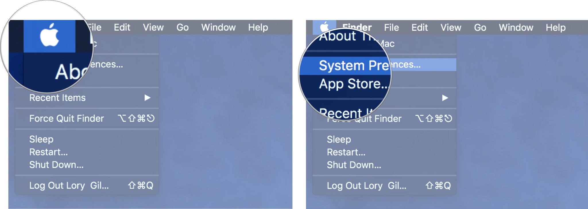 Optimizing Storage On Mac showing the steps to click on Apple icon, then select system preferences