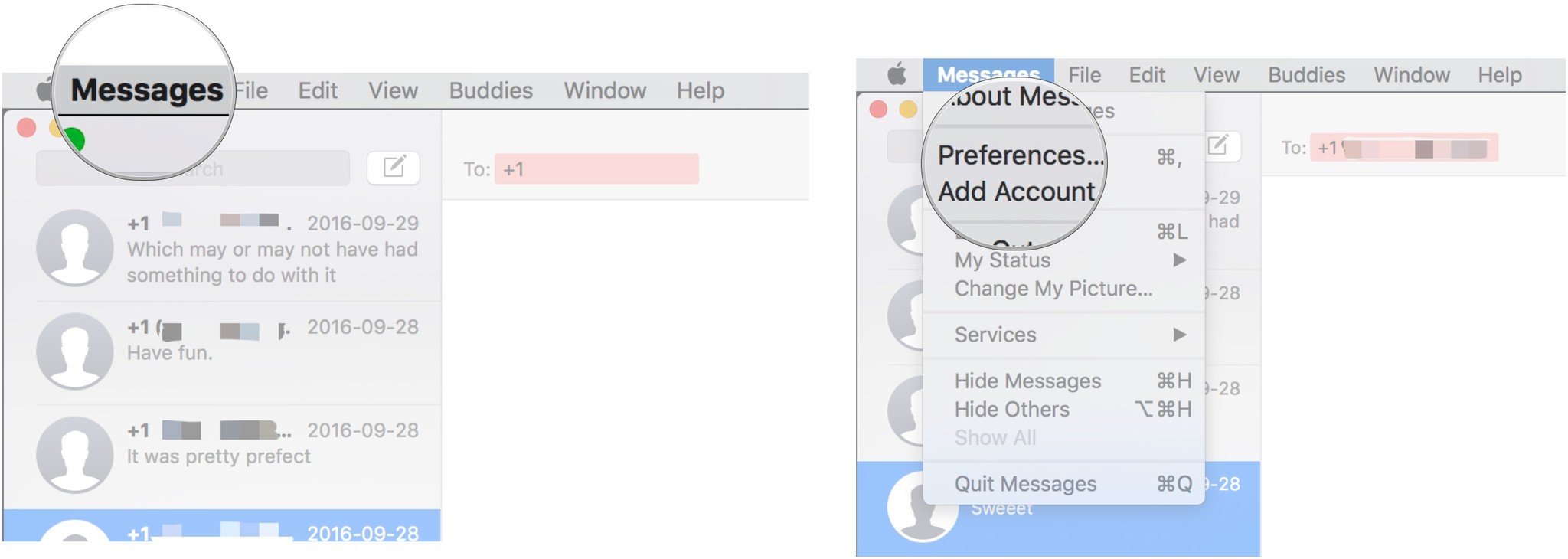 To sign out of iMessage, launch the Messages app, then click Messages from the menu bar. Choose Preferences next. 