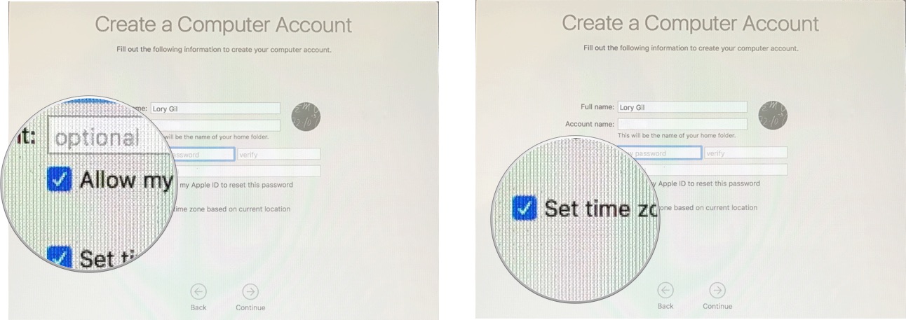 Set up your new Mac by showing: Tick the box to allow Apple ID to reset password, then tick the box to automatically set time zone based on location