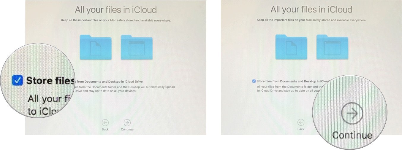 Set up your new Mac by showing: Click the box to store Desktop and Documents folders in iCloud, then click continue