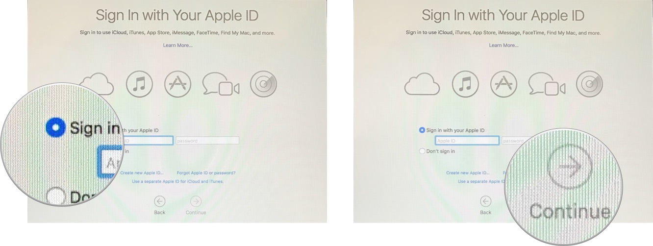 Set up your new Mac by showing: Sign in with Apple ID, then click continue