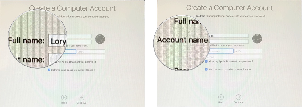 Set up your new Mac by showing: Enter Full name and account name