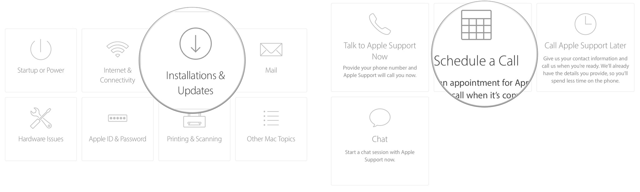How to chat with Apple support online or on the phone: Select a topic. Select Chat, Talk to Apple Support Now, Schedule a Call, or Call Apple Support Later to contact Apple support.  Apple will contact you through the channel that you specified (unless you selected Call Apple Support Later, in which case, you would need to contact Apple).