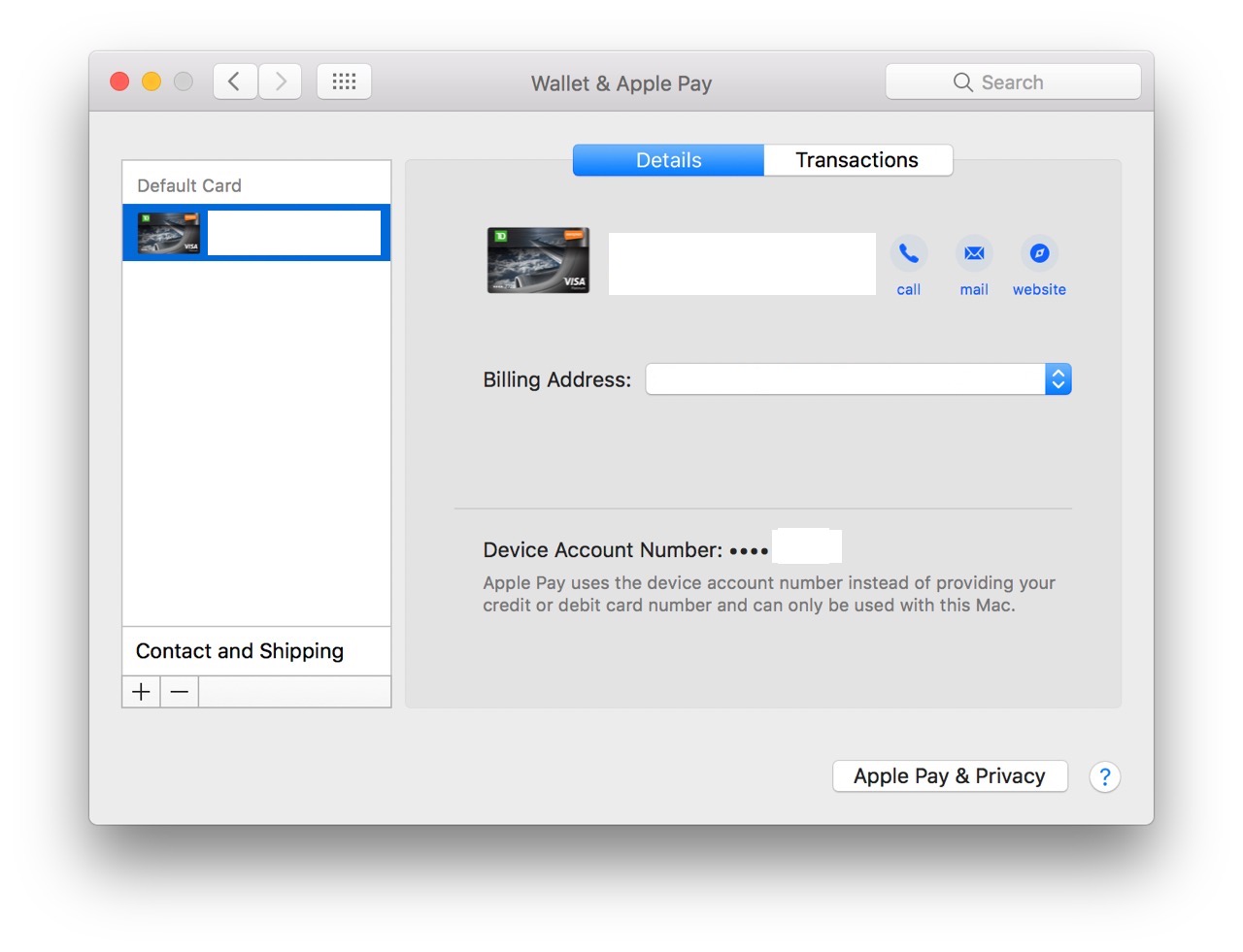 Setting up Apple Pay on Mac showing the steps to view a card's information