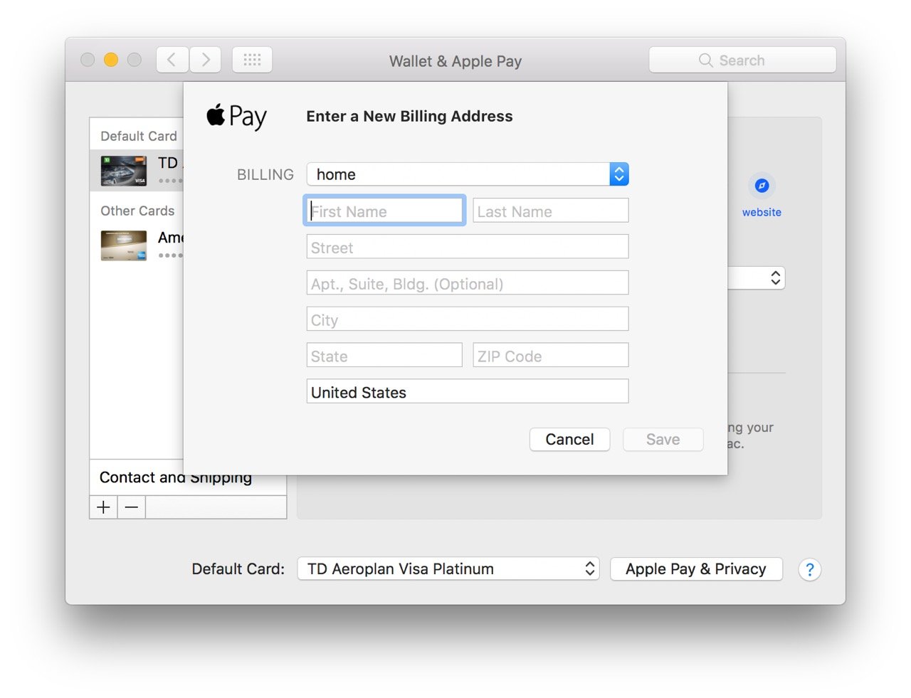 Setting up Apple Pay on Mac showing the steps to change your billing address