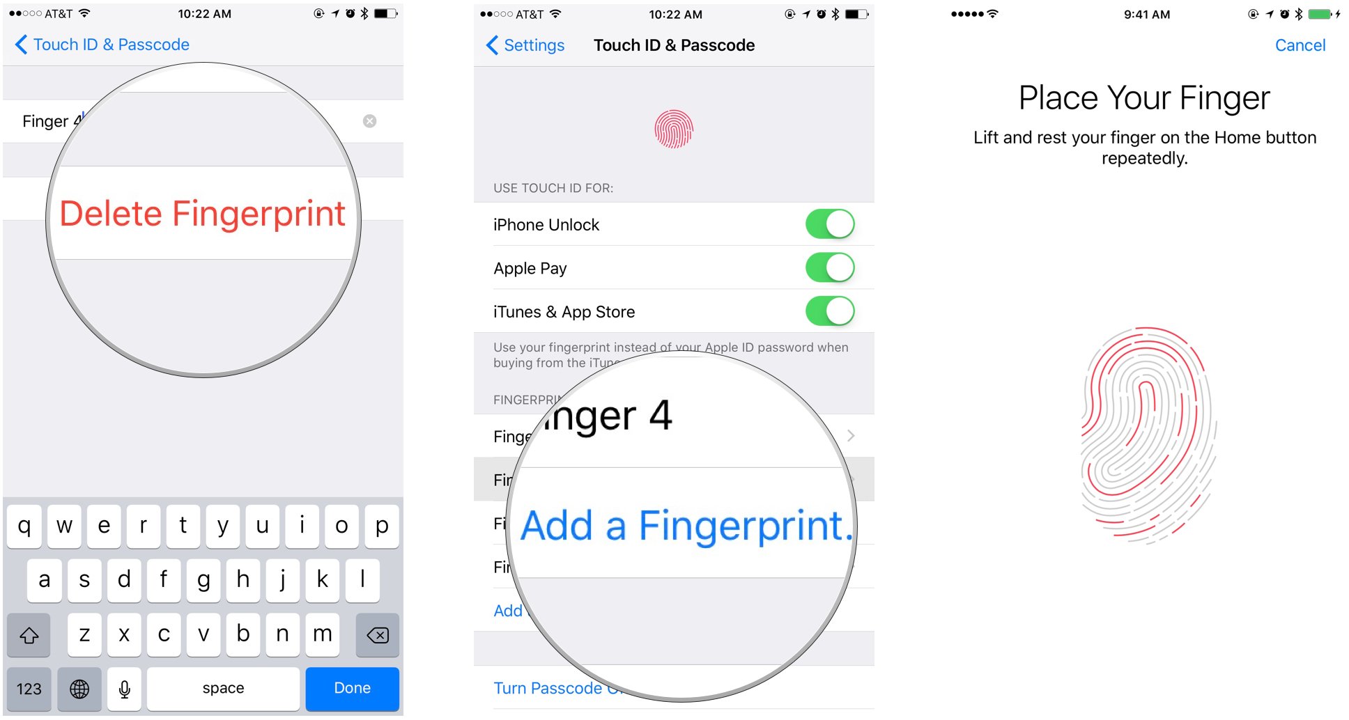 To delete and re-add your Touch ID fingerprints on iPhone or iPad , tap on Delete Fingerprint.  Repeat until every fingerprint has been removed.  Select Add Fingerprint, then follow the on-screen prompts to set up a new fingerprint.