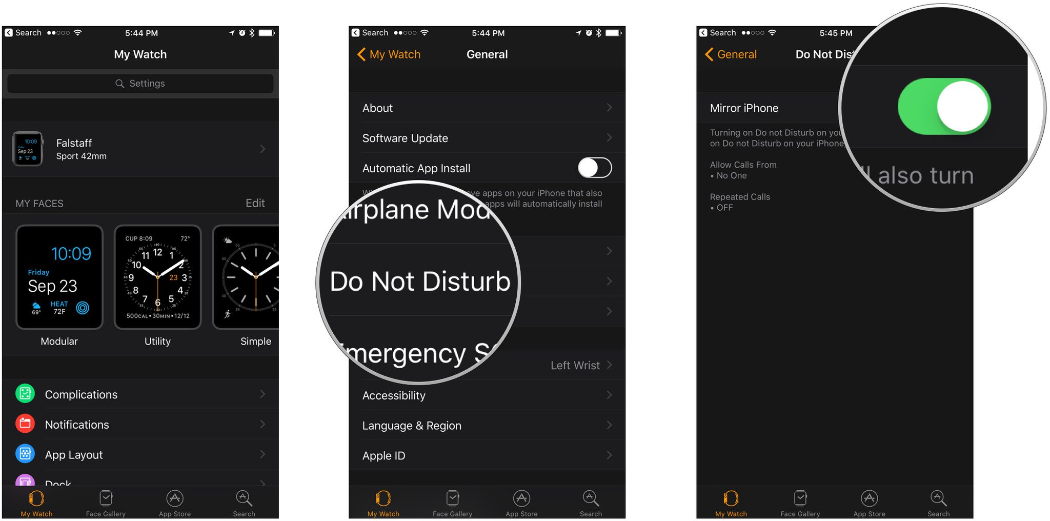 To set up Do Not Disturb on the Apple Watch App for iPhone, launch the Apple Watch app, scroll down, tap General., then Do Not Disturb. Toggle Mirror iPhone to On. 