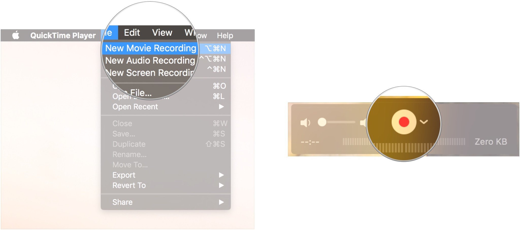 Record an iPhone FaceTime call on Mac, showing how to click New Movie Recording, then click the arrow next to the record button