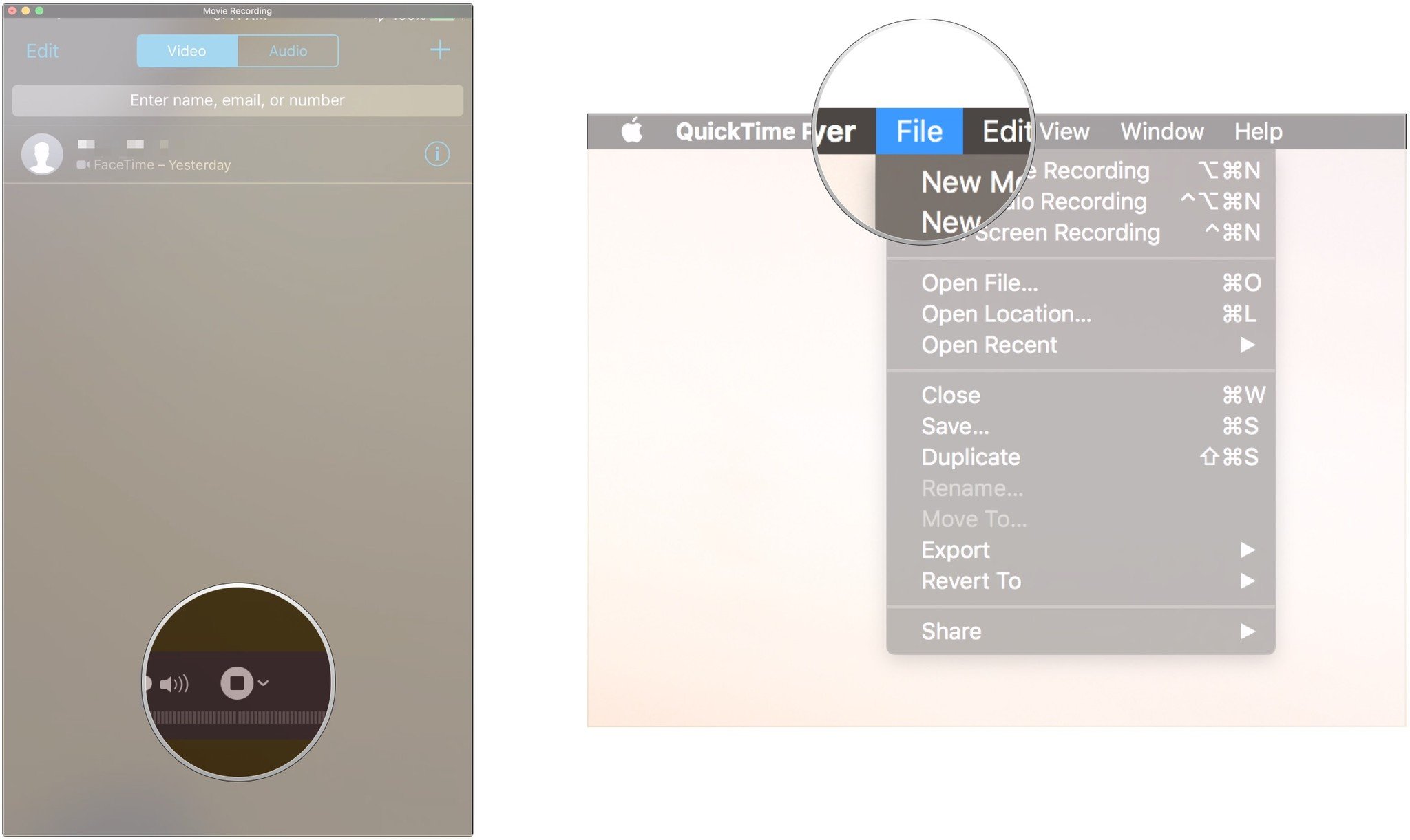 Запишите звонок iPhone FaceTime на Mac, показывая, как нажать кнопку «Стоп» в QuickTime, а затем нажать «Файл».