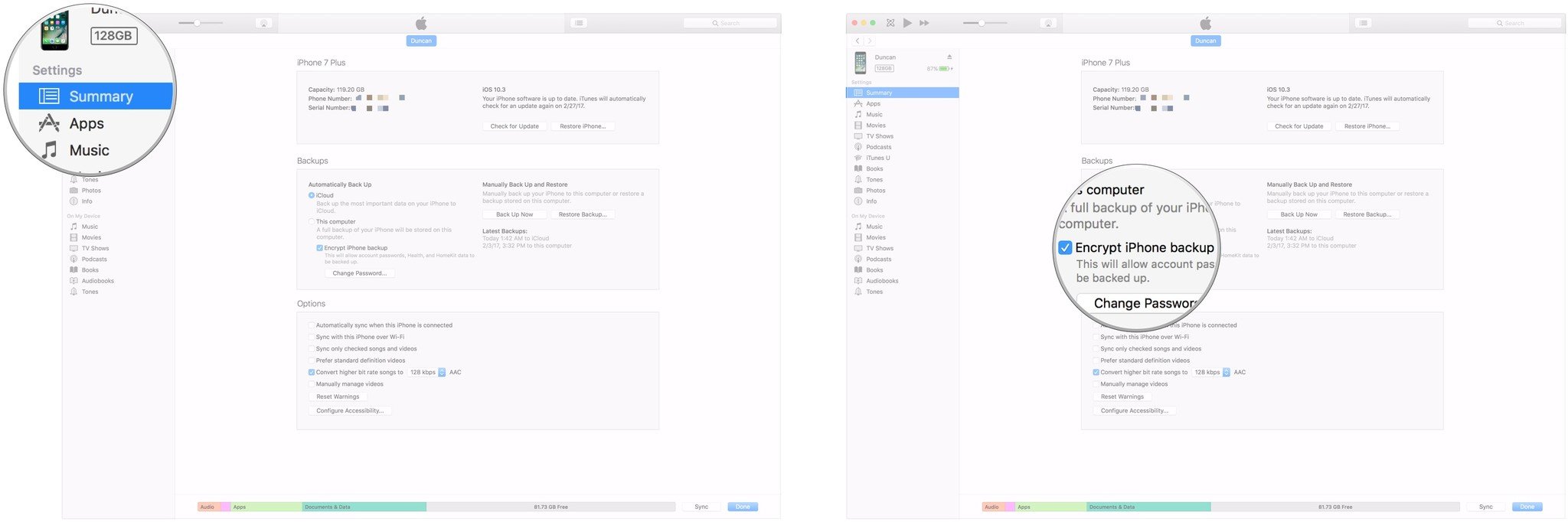Создайте резервную копию своего iPhone с помощью iTunes, показывая, как нажать «Сводка», а затем установить флажок шифрования.