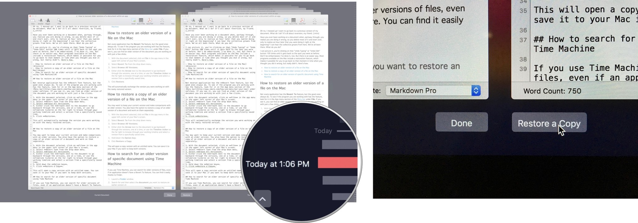 Восстановление копии документа на Mac: выберите версию, затем нажмите «Восстановить копию».