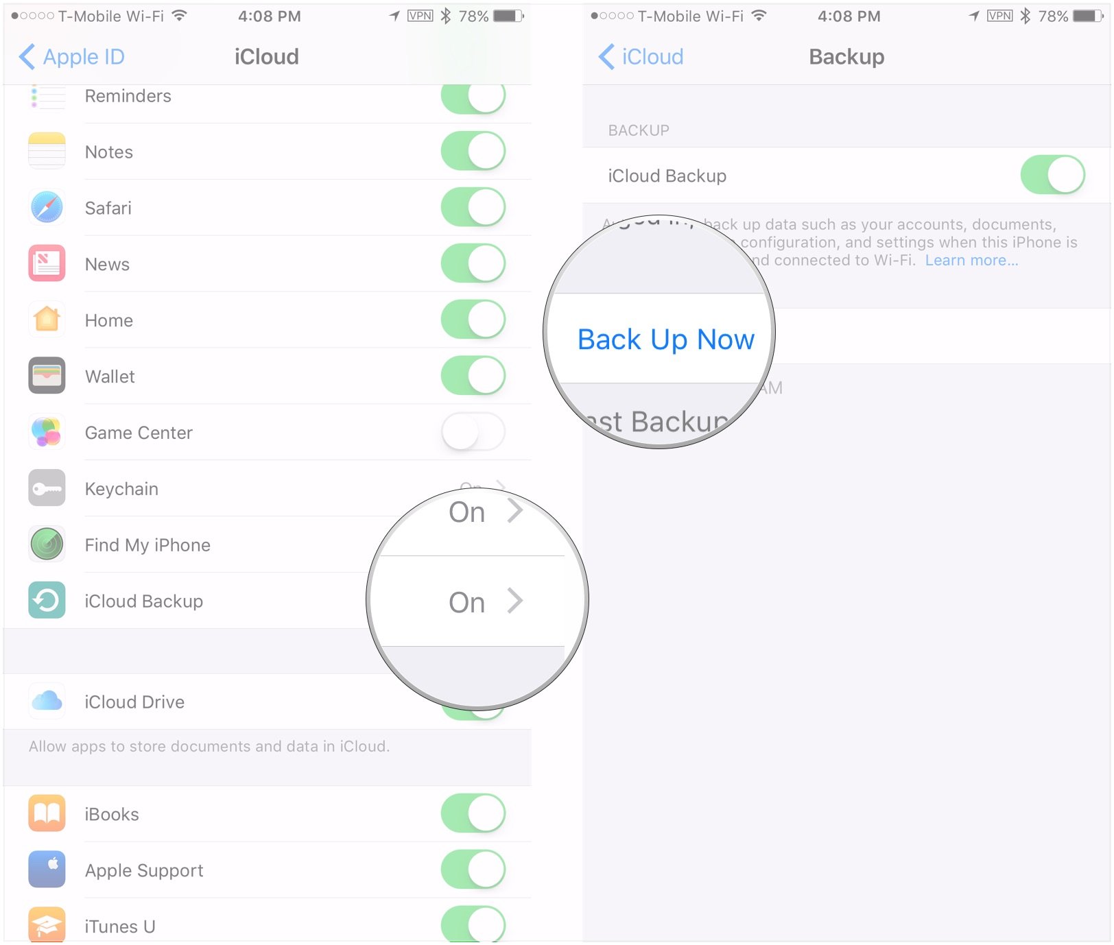 Manually triggering an iCloud backup showing how to tap iCloud Backup, then tap Back Up Now