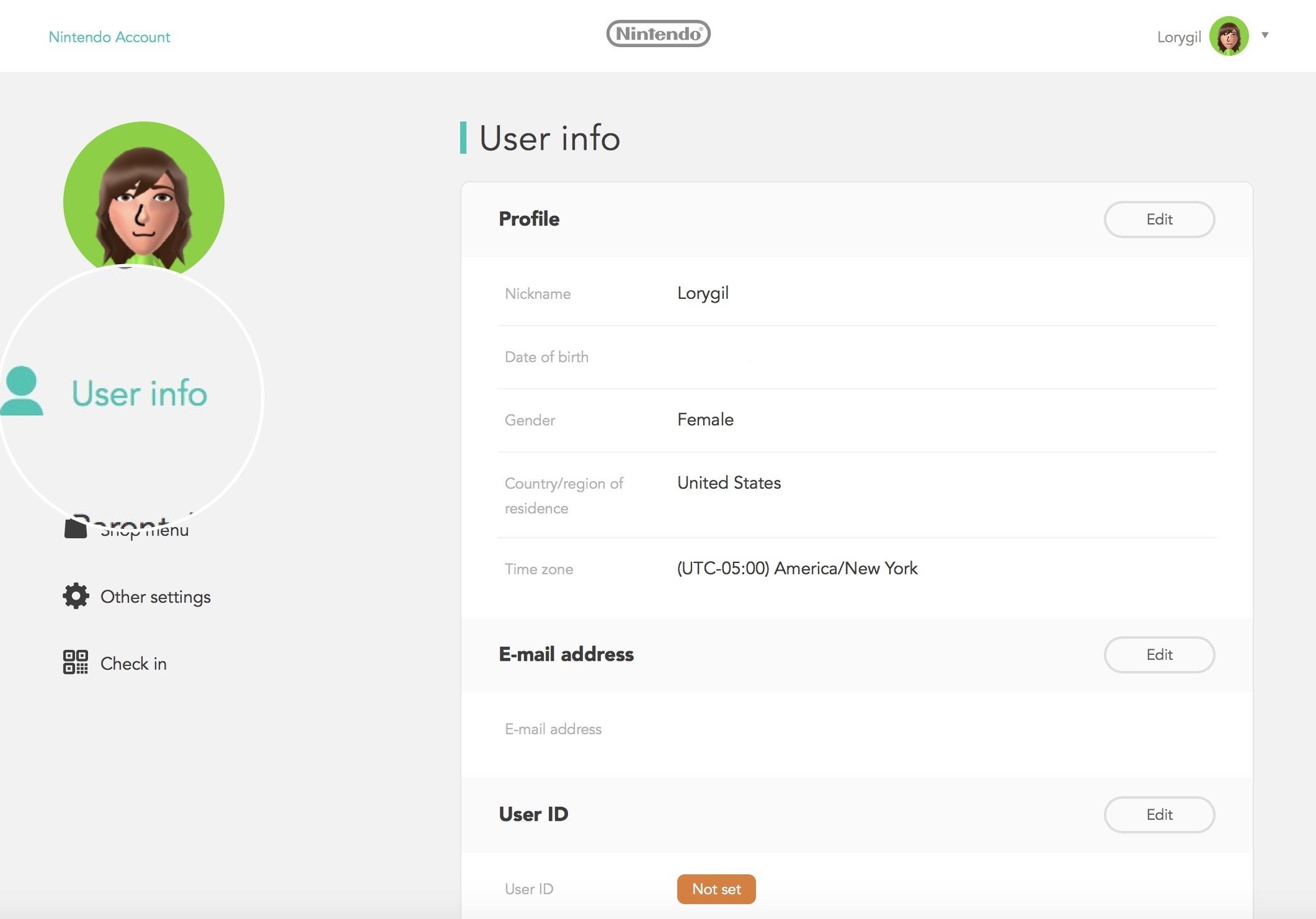 Associez l'identifiant Nintendo Network au compte Nintendo en sélectionnant Informations utilisateur sur le côté gauche de l'écran