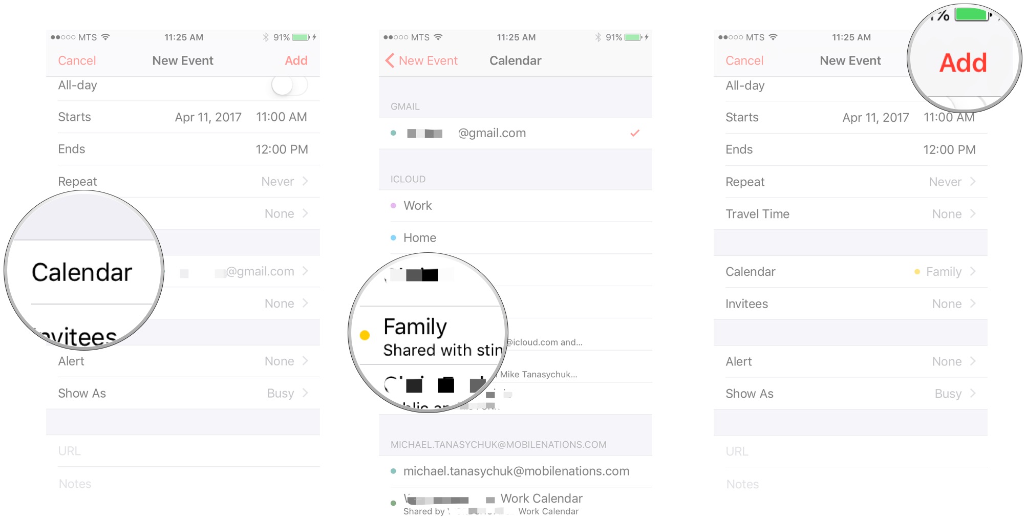 Use Family Sharing on Calendar: Tap Calendar, tap Family, tap Add after you fill out your event