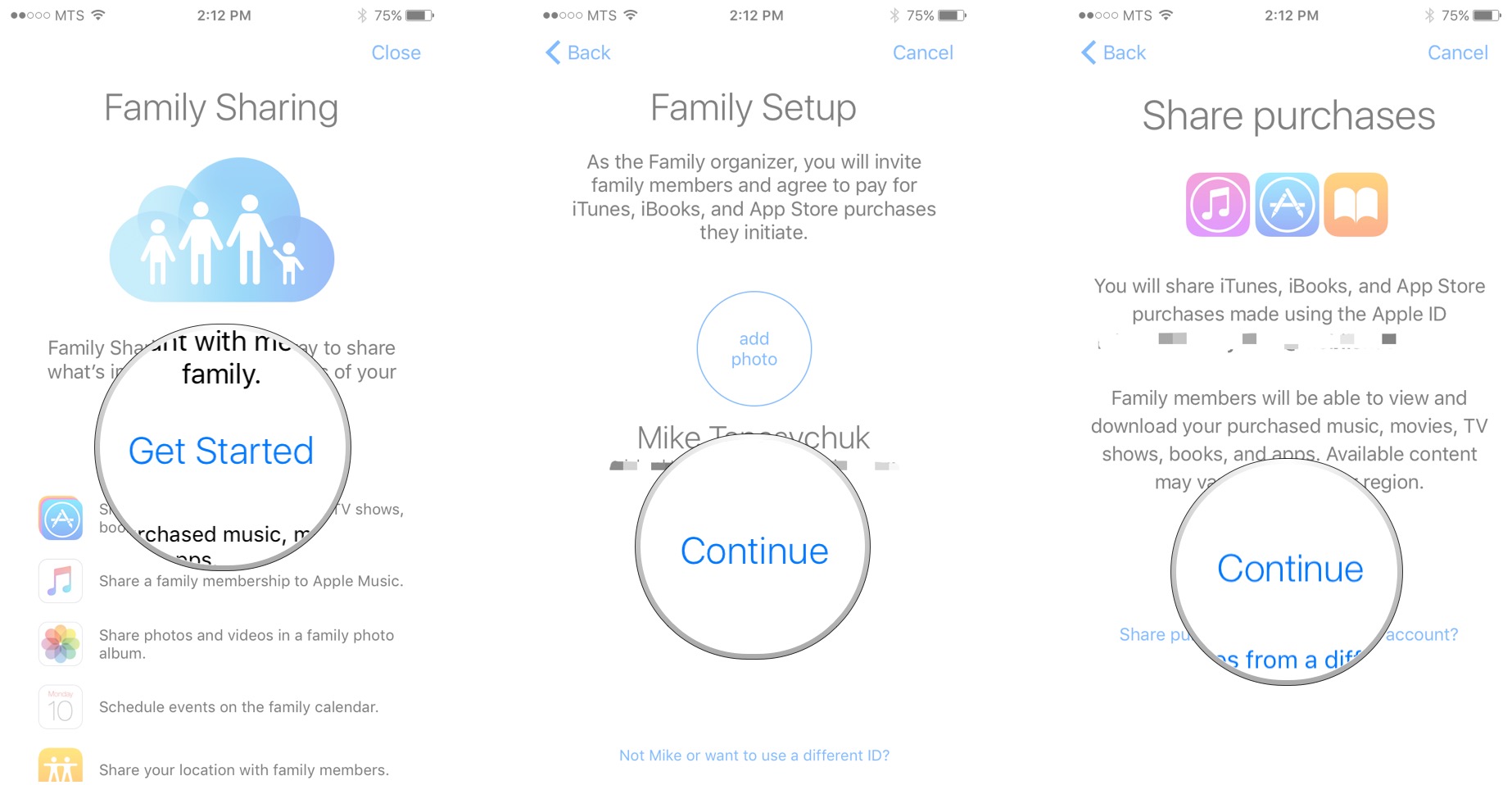Enable Family Sharing: Tap Get Started, tap Continue, tap Continue