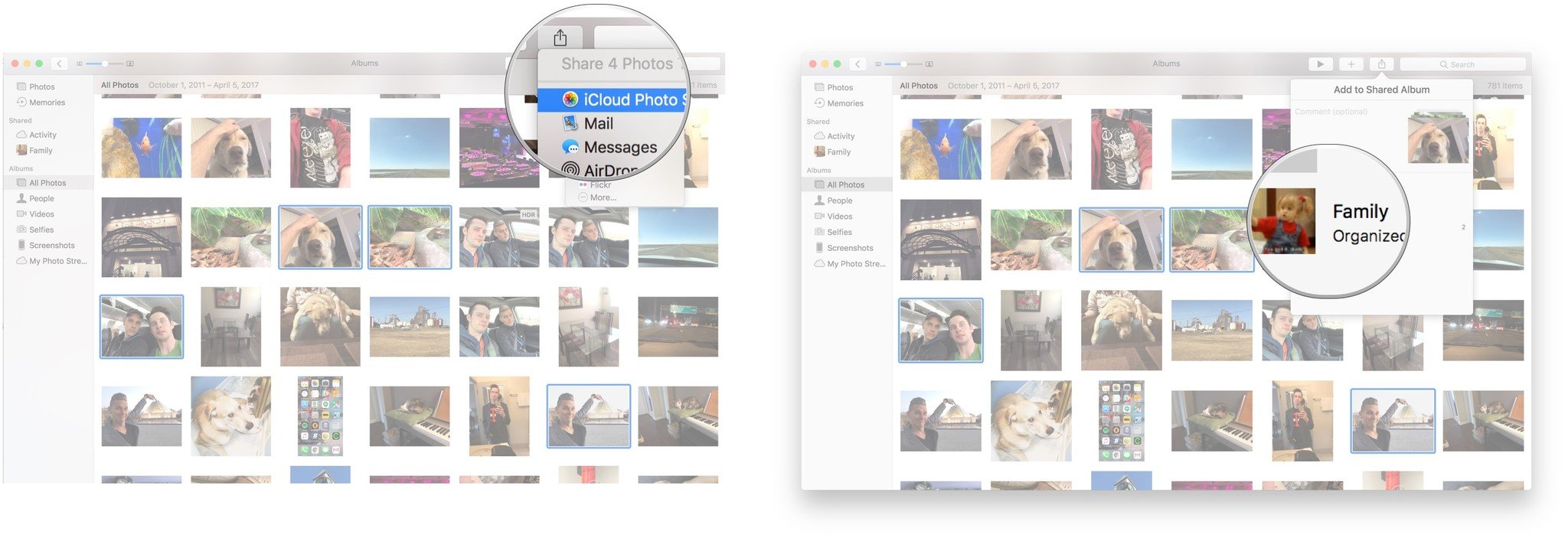 Add new photos or video to Family album on Mac: Click the Share button, click iCloud Photo Sharing, click Family