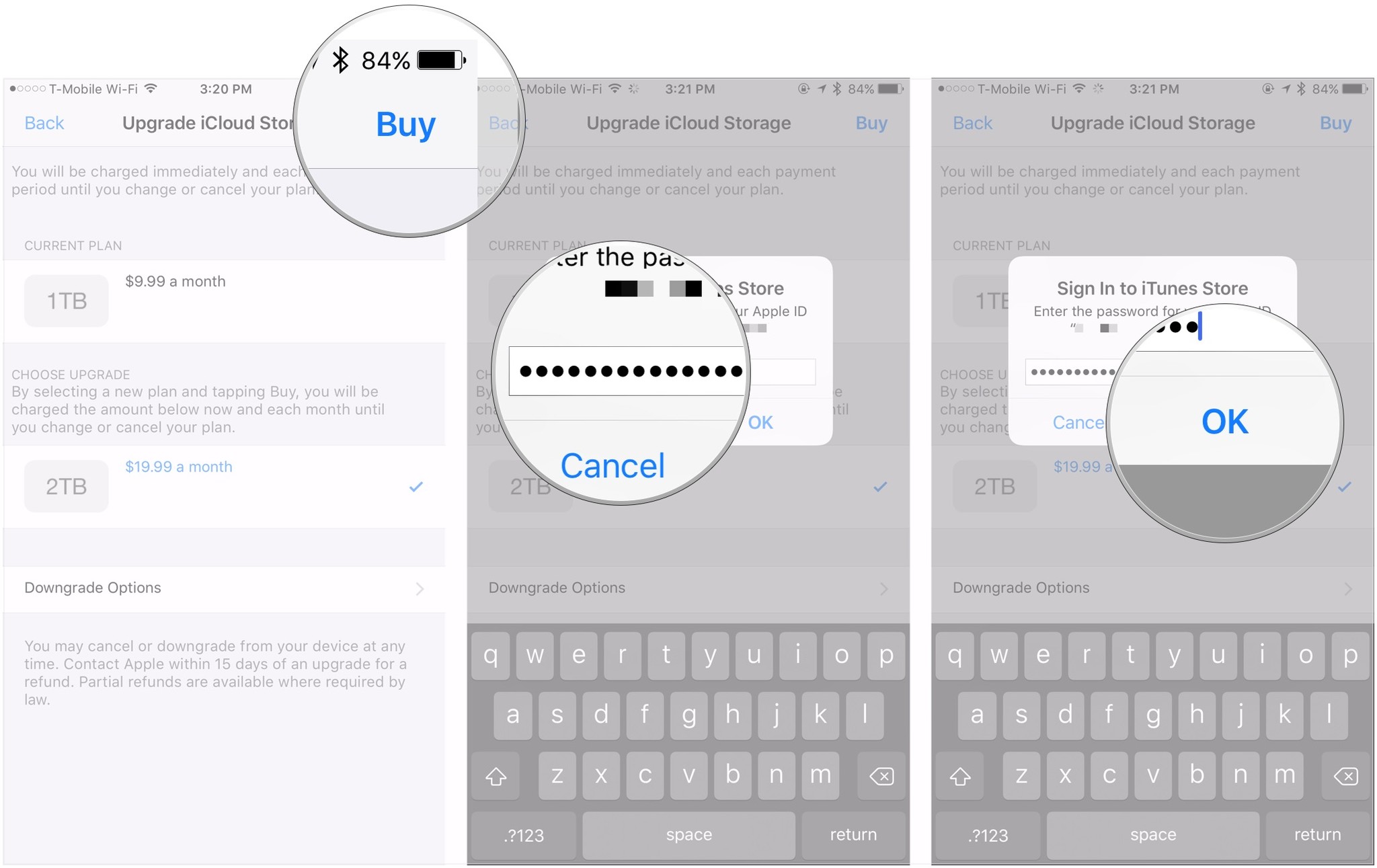 How to buy more iCloud storage on iPhone and iPad by showing steps: Tap Buy, enter password, tap OK
