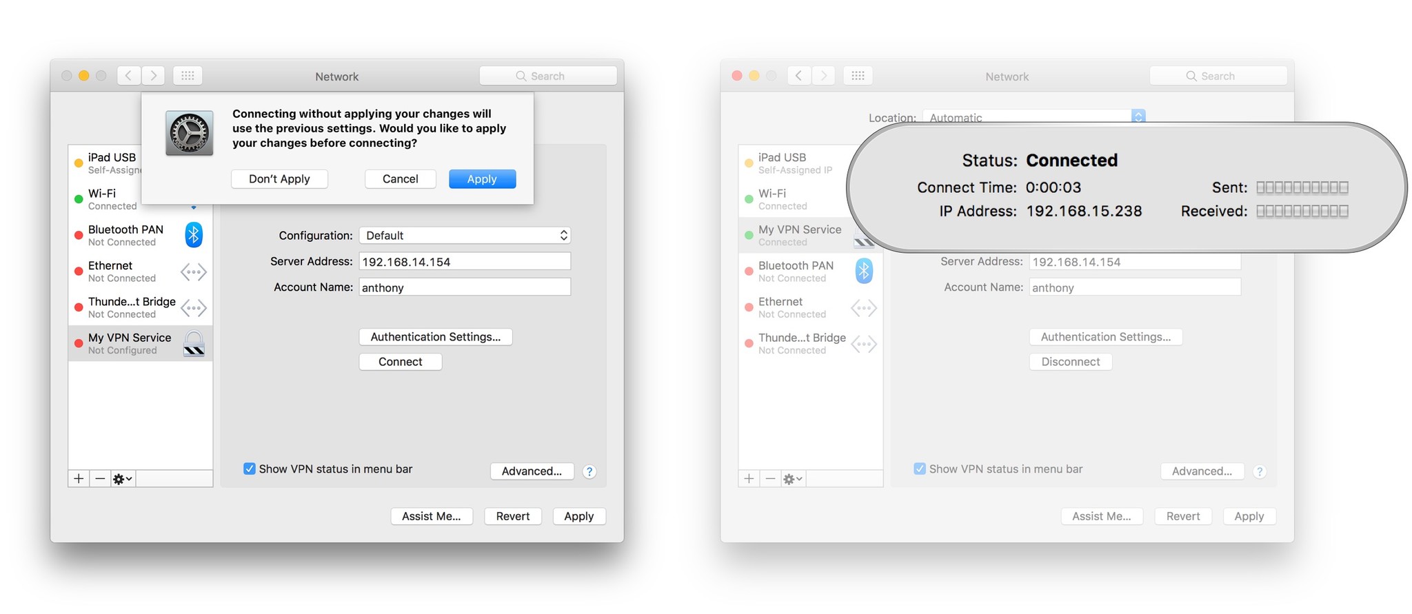 To connect to a VPN on your Mac, click OK, then click Apply, then click Connect again to start your VPN.