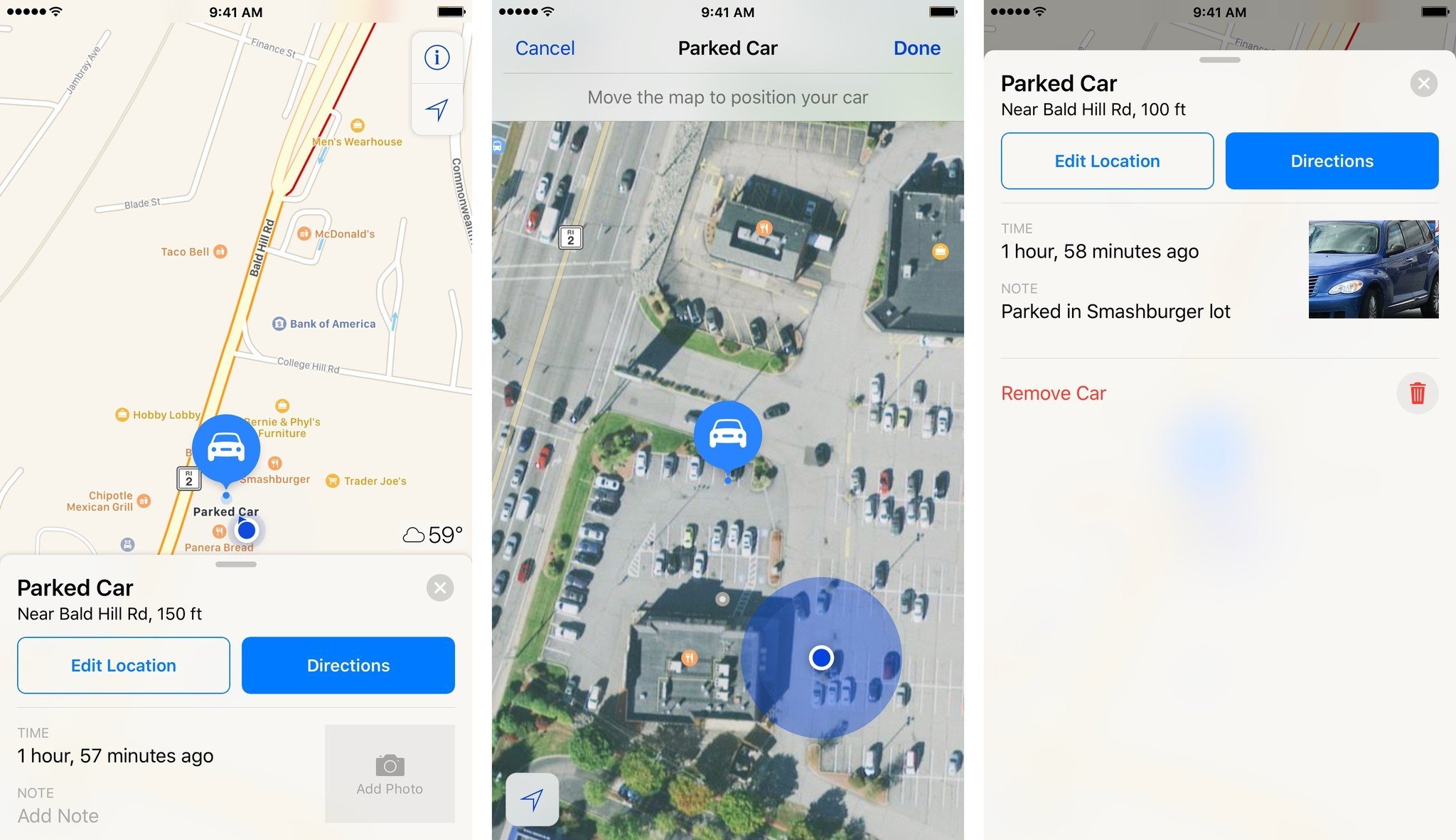 To add information about your parked car location, tap the Parked Car marker, then tap Note or Photo field to add textual or photographic information. 