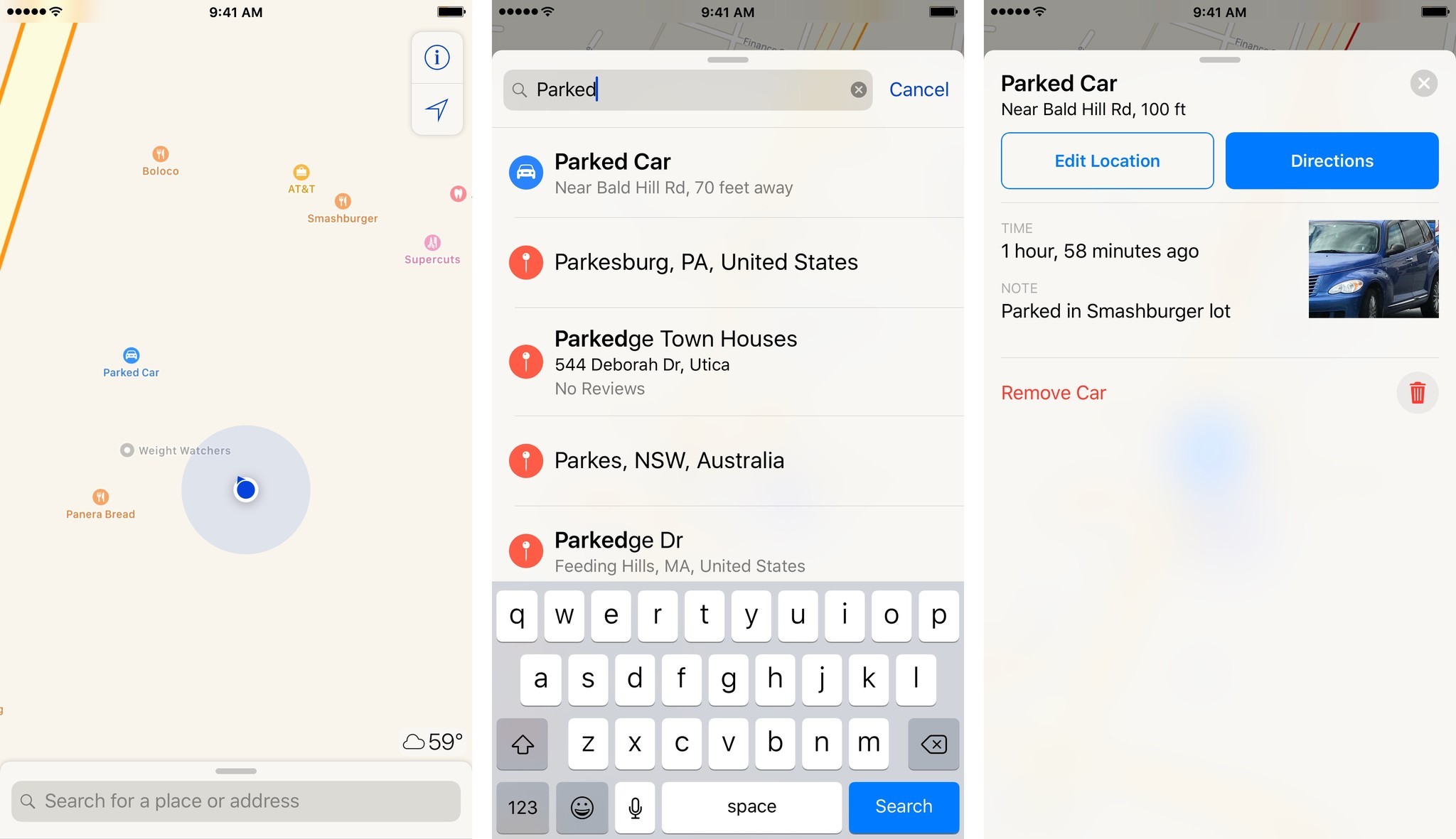 You can tap the Search Bar in the Maps app and type "Parked Car" to find your car. 