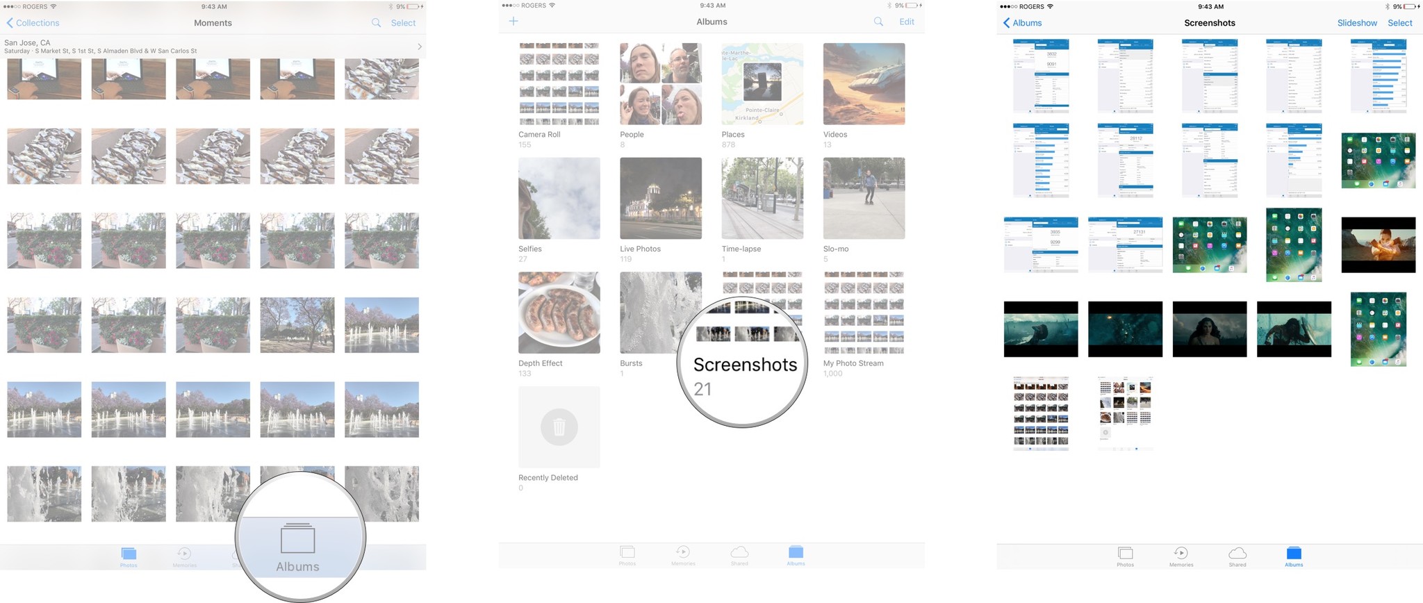 Finding screenshots in the Photos app under Albums, Screenshots