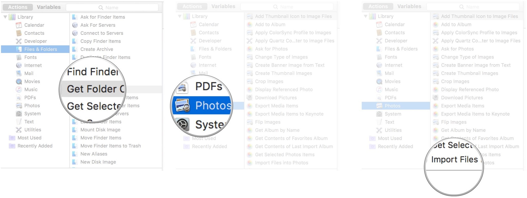 Double-click on get folder contents, click on Photos, double-click Import Files into Photos