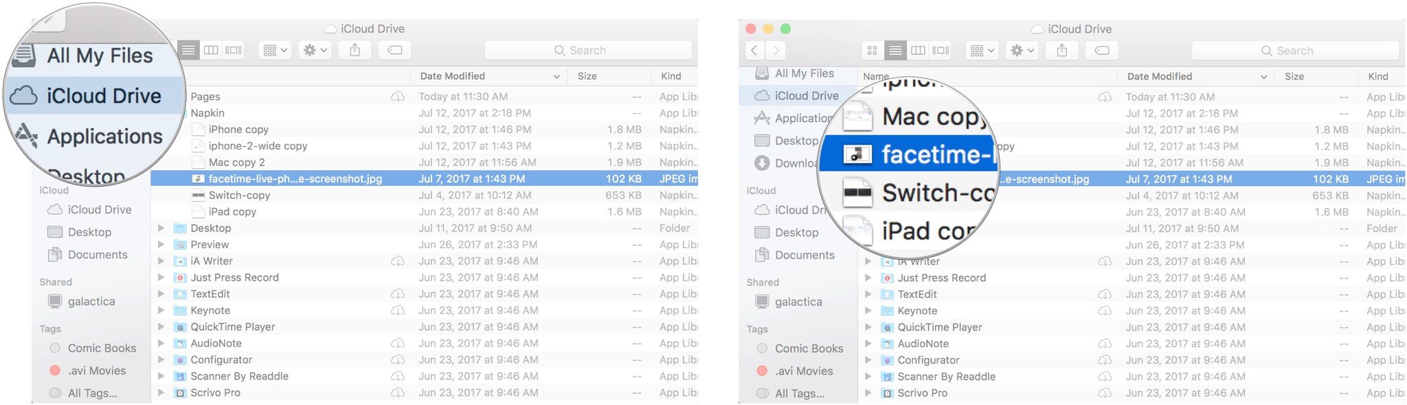 Click on iCloud Drive, then select a folder, then right click on a file