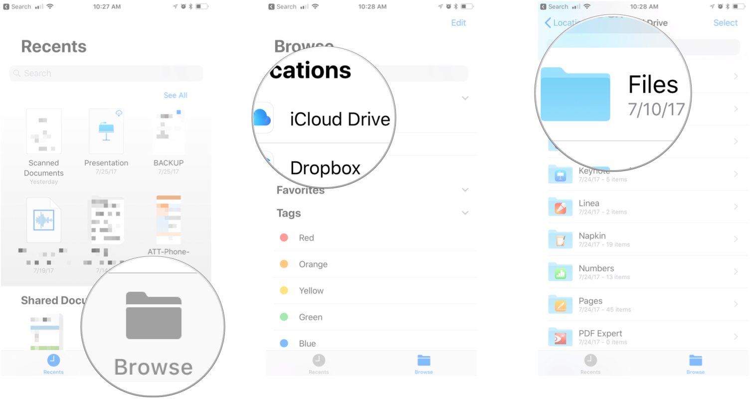 How to move files: Launch Files, Tap Browse, Tap iCloud Drive, Tap folder.