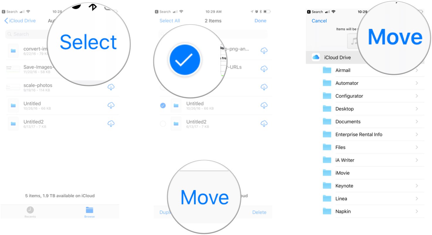 How to move files: Tap Select, Tap files, Tap Move, Tap folder, Tap Move. 