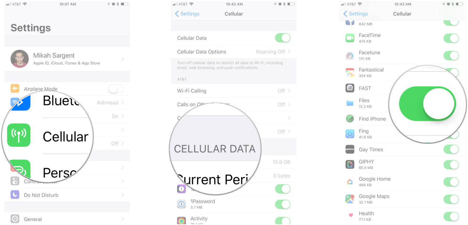 How to turn cellular data on or off: Launch settings, Tap cellular, In the Cellular data section, Tap on or off.