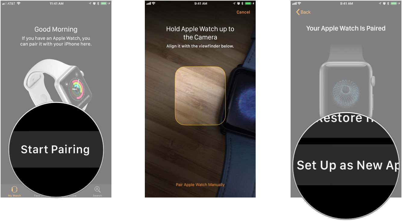 captures d'écran illustrant les étapes susmentionnées pour l'association de votre iPhone avec Apple Watch