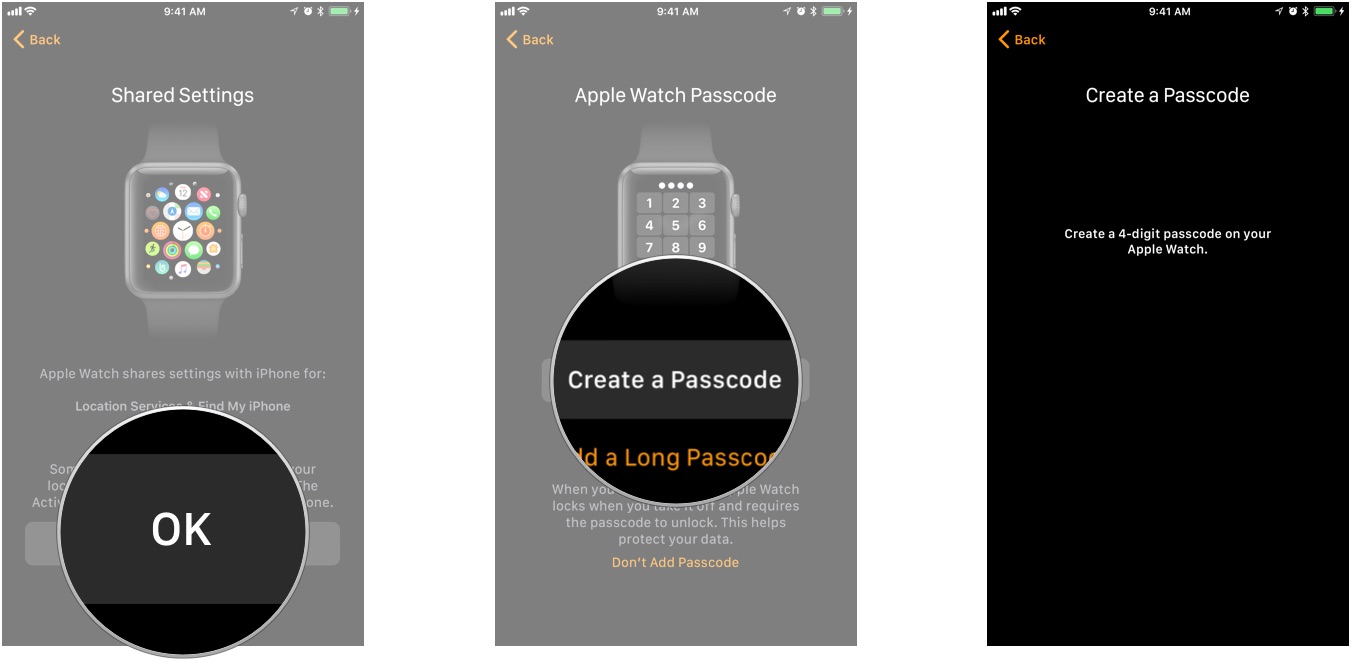 captures d'écran illustrant les étapes susmentionnées pour l'association de votre iPhone avec Apple Watch