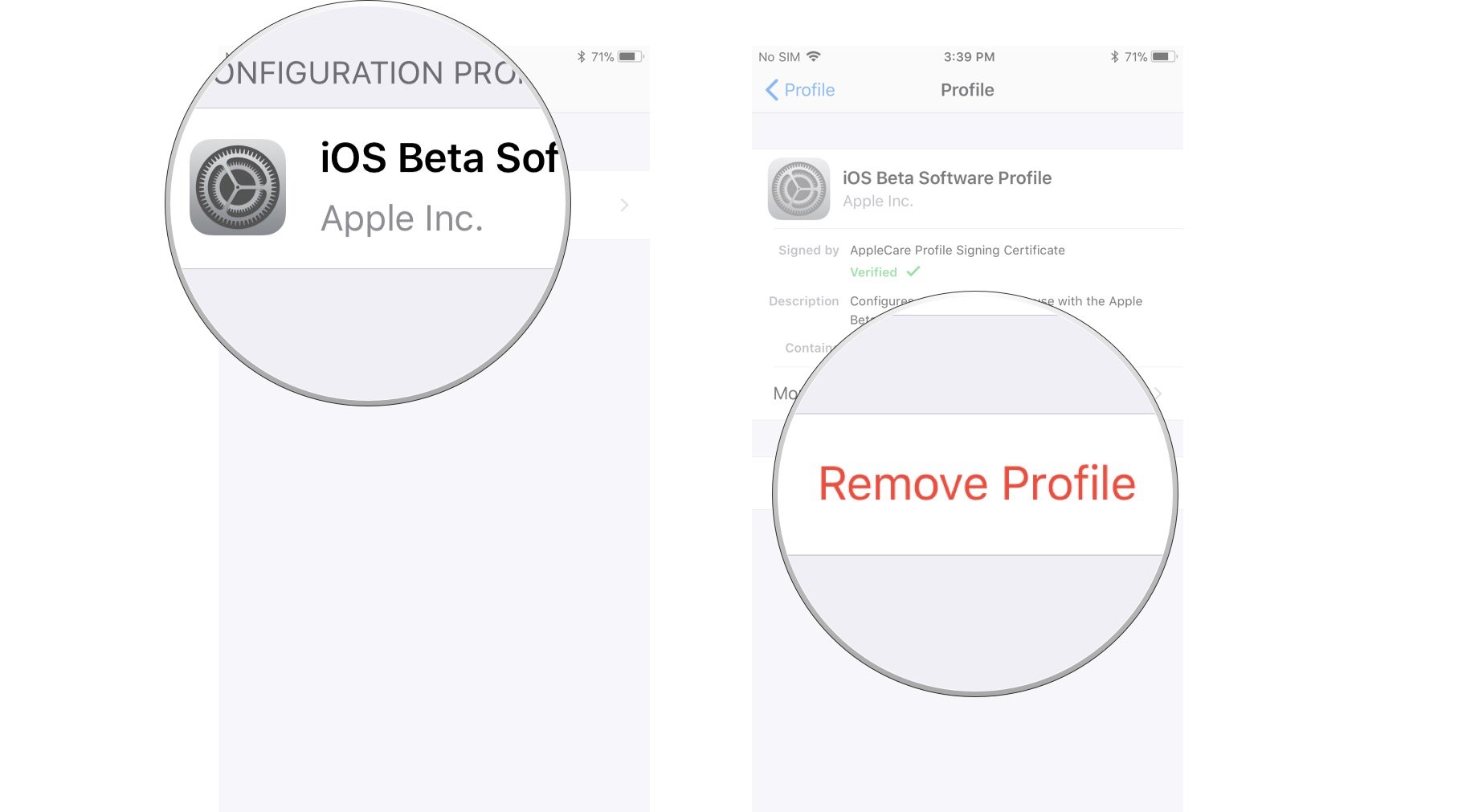 Update from beta to official release, showing how to Tap iOS Beta Software Profile, then tap Remove Profile