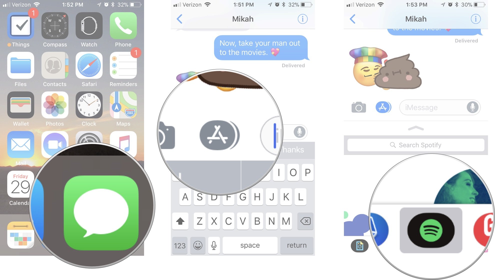 See more sticker options showing how to Open Messages, tap the App Tray, and tap on a sticker pack you want to access