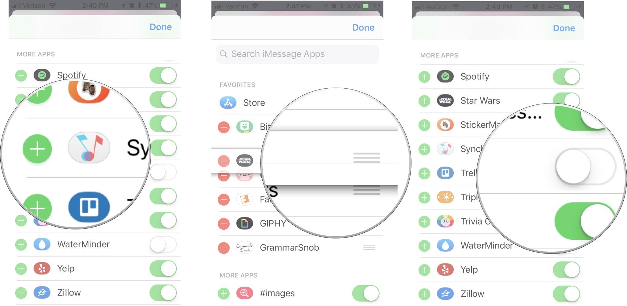 How to customize the app tray showing how to tap the add button to add an app to favorites, hold an app until it hovers to move it, tap the switch to disable an app in iMessage