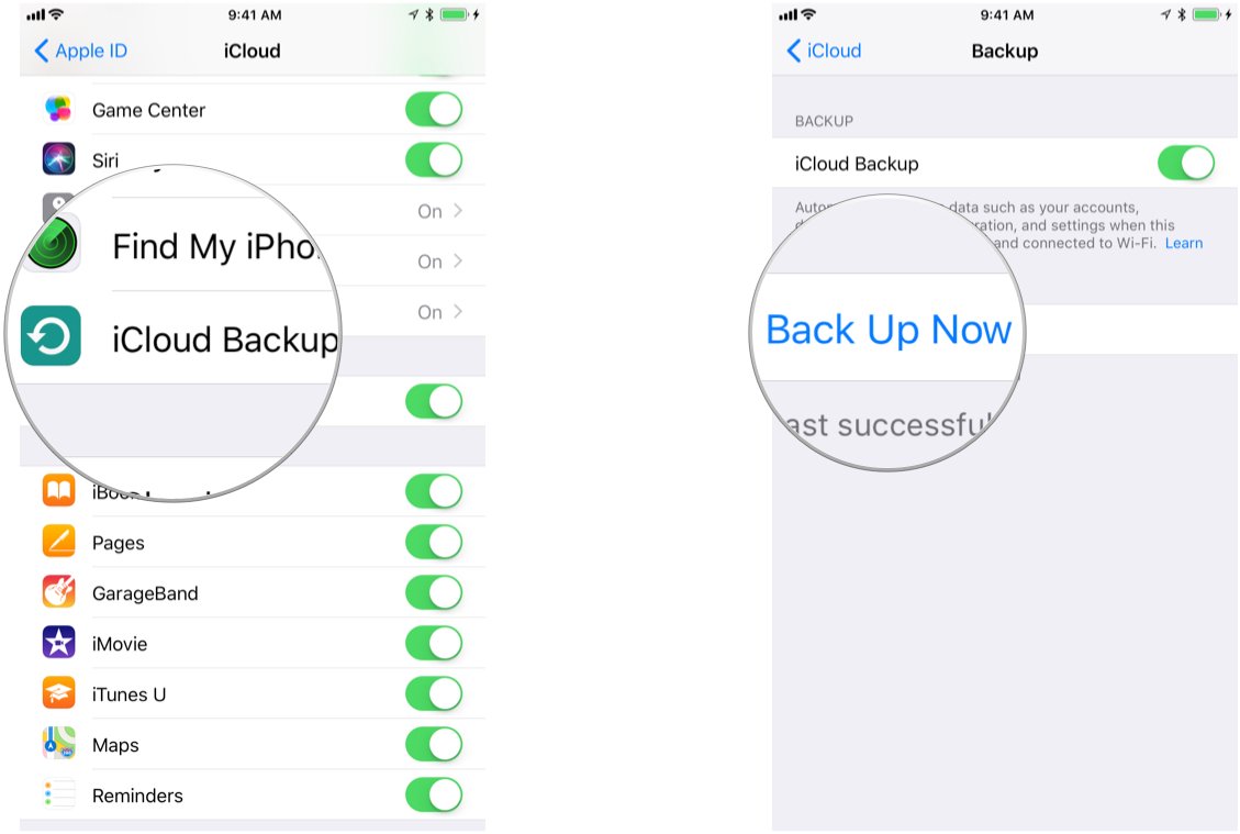 Backing up iPhone to iCloud, showing how to tap on iCloud Backup, then tap Back Up Now