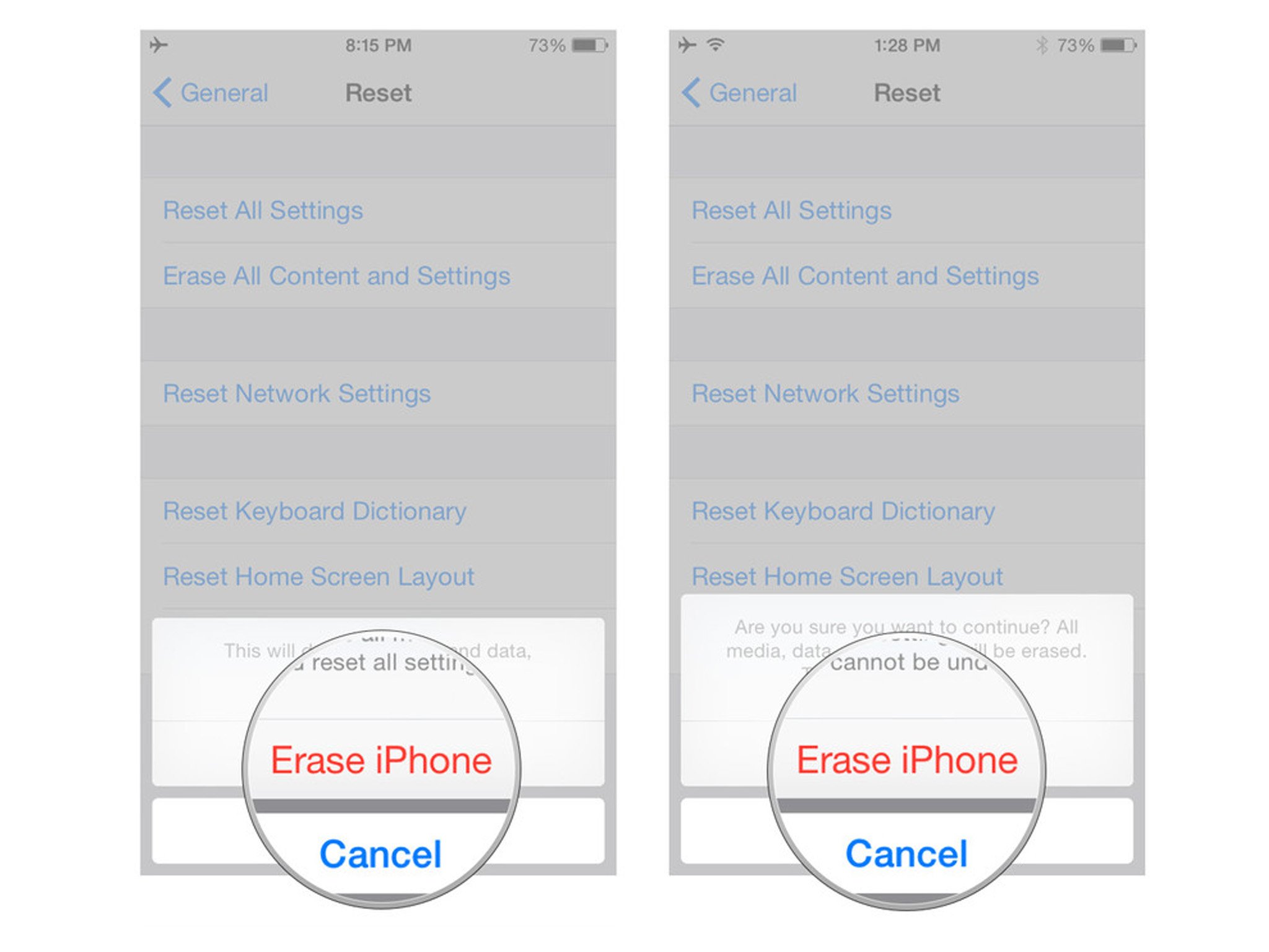 Erasing your personal data, showing how to tap Erase iPhone, then tap Erase iPhone to confirm