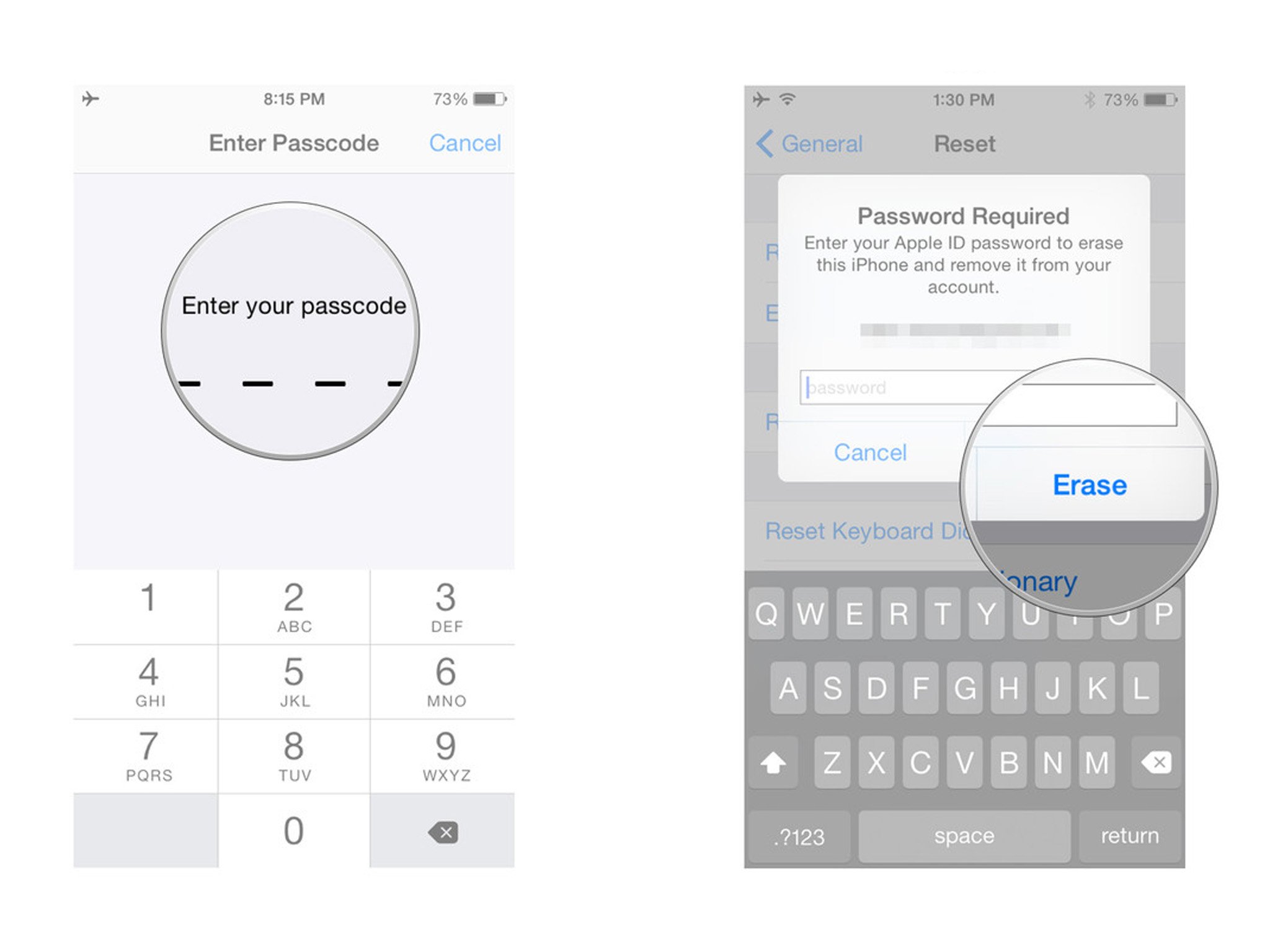 Erasing your personal data, showing how to enter your passcode, then enter your Apple ID password