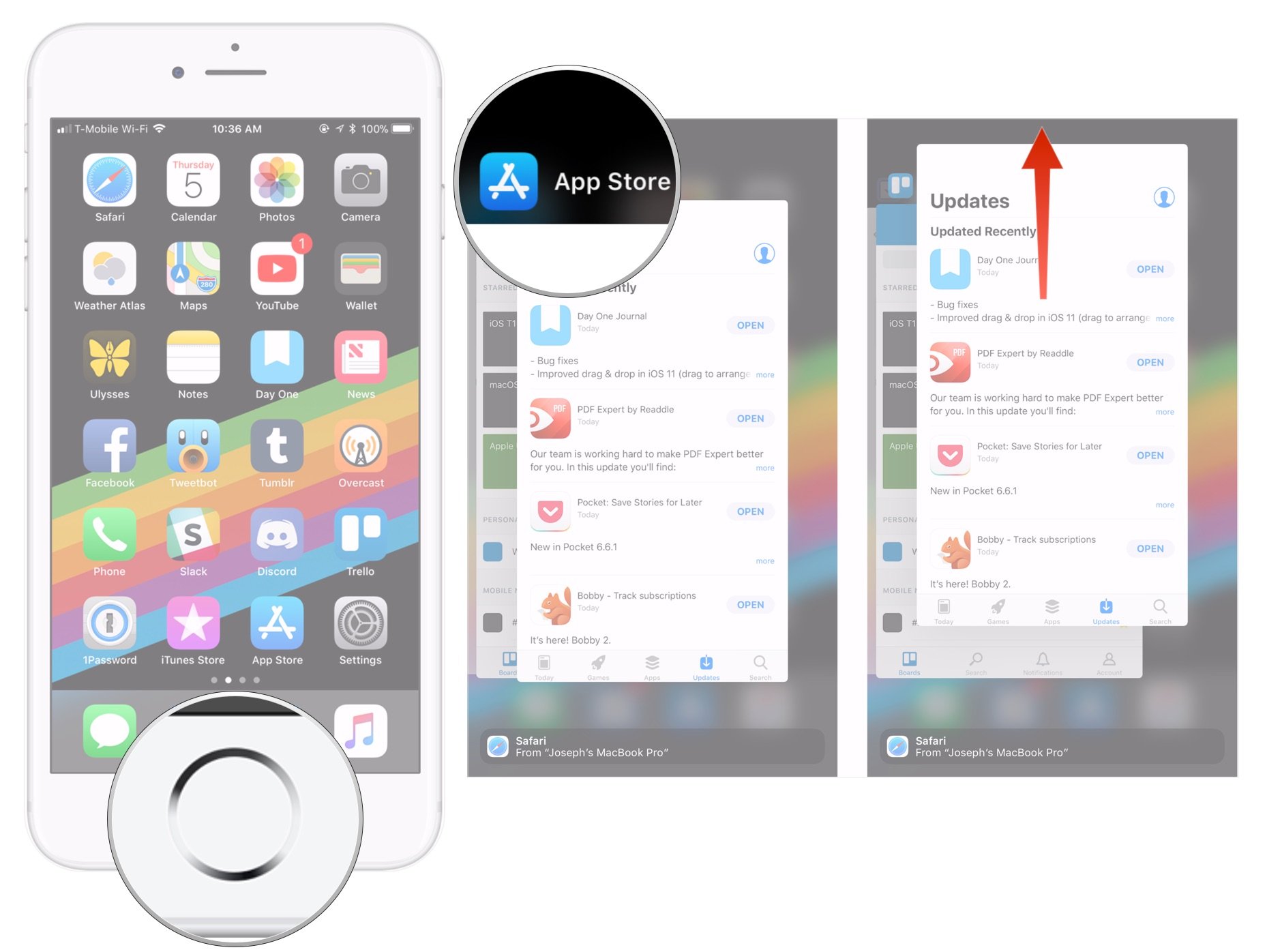 Устранение неполадок с аккумулятором, показывающее, как принудительно закрыть приложения на iPhone с помощью кнопки «Домой», дважды щелкнув кнопку «Домой» и проведя пальцем вверх по приложению.