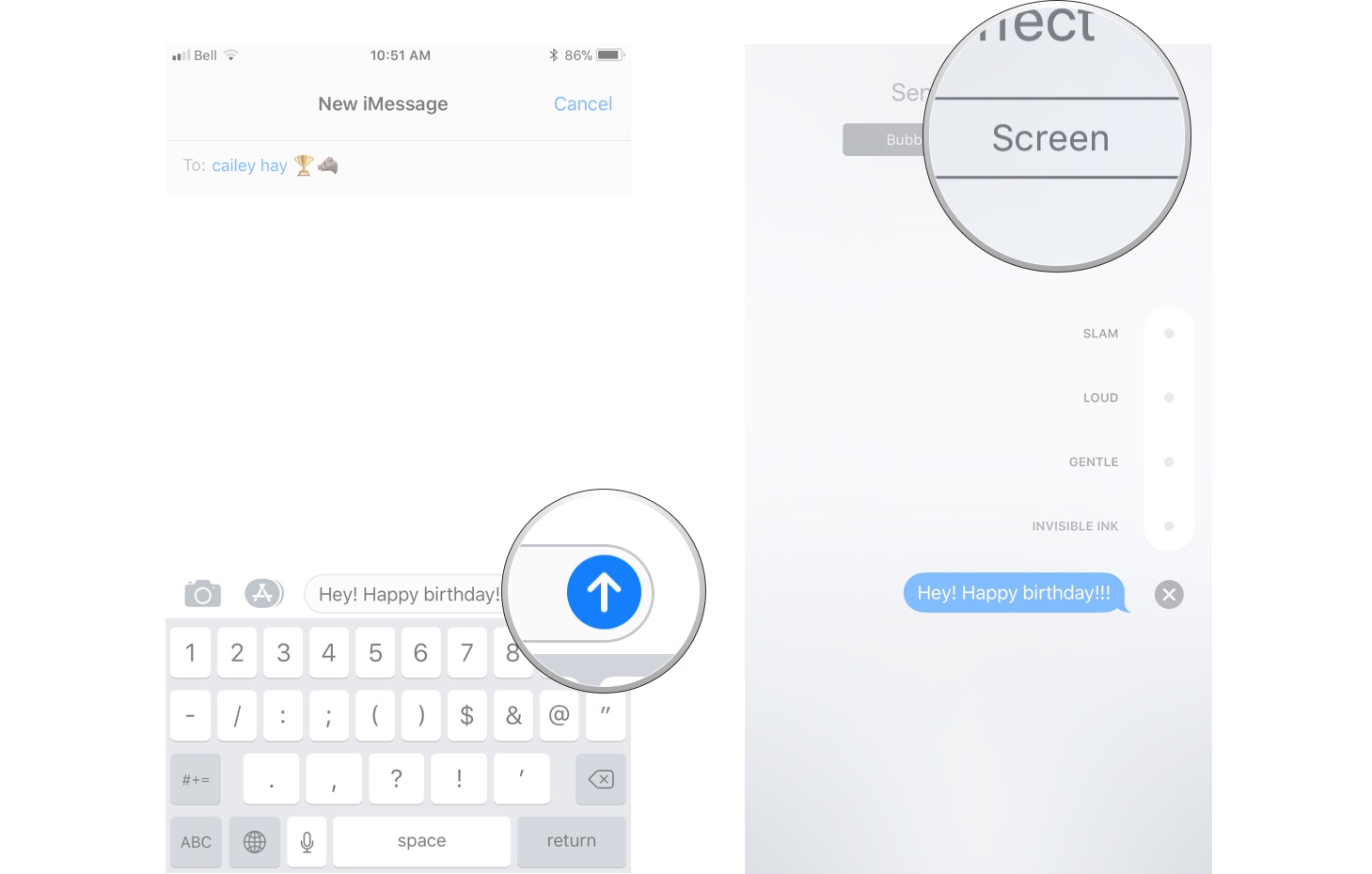 Adding screen effects showing how to long press on the send button and tap the Screen tab