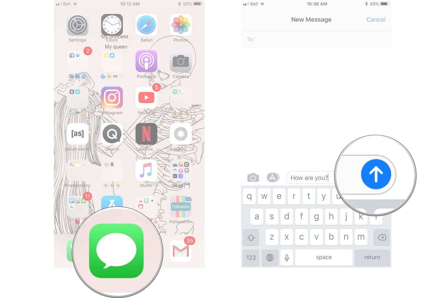 How to add bubble effects to an iMessage showing how to open messages and long-press on the Send button