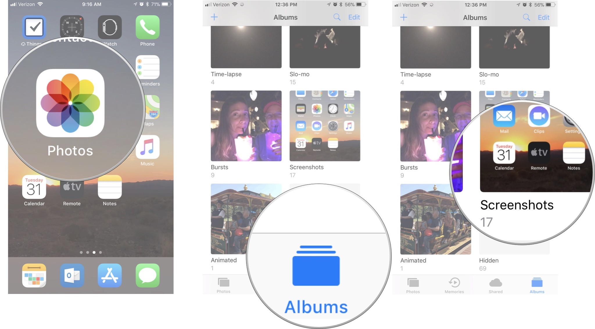 How to view and edit screenshots on iPhone by showing: Open Photos, then tap Albums, then tap Screenshots