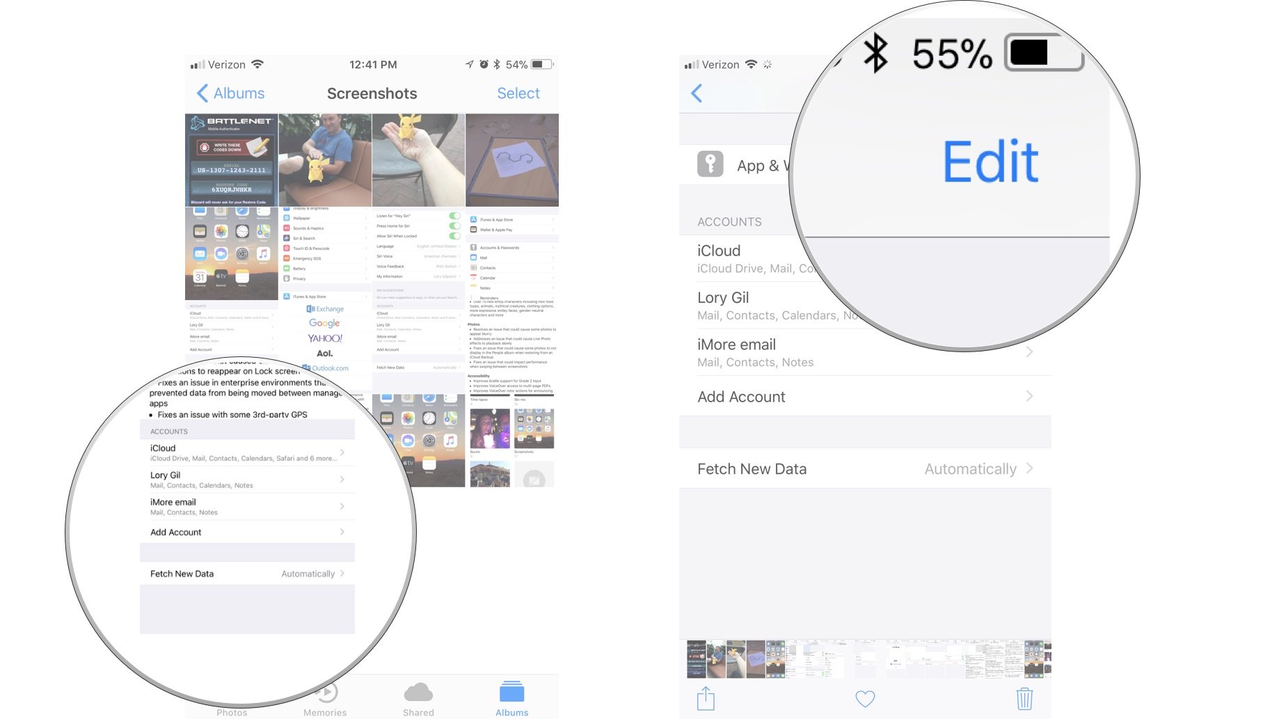 How to view and edit screenshots on iPhone by showing: Tap a screenshot, then edit, favorite, share, or delete it