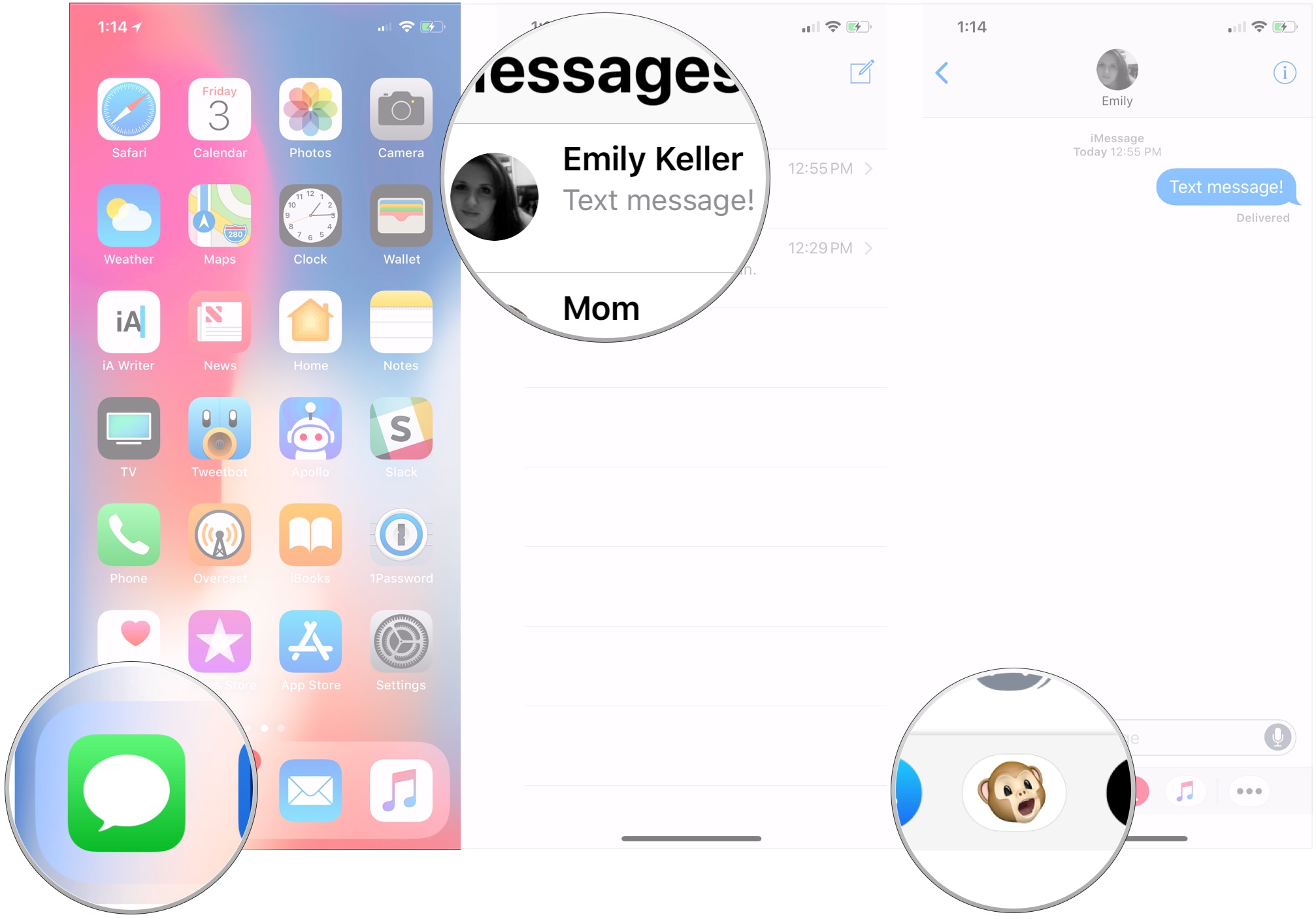 Send Animoji/Memoji, showing how to open Messages, tap a conversation, then tap the Animoji button