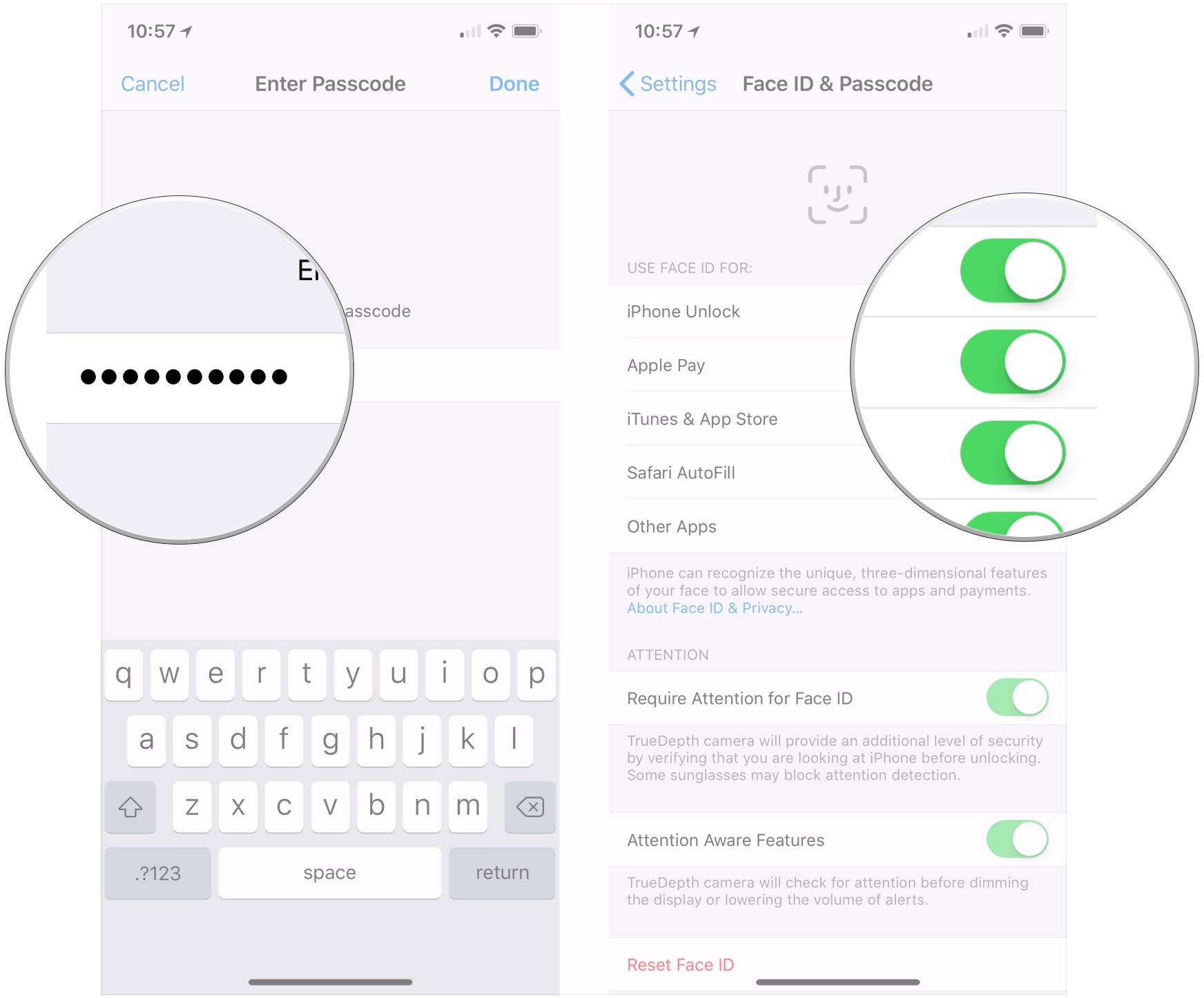 Use Face ID on IPhone: Enter passcode, flip switches